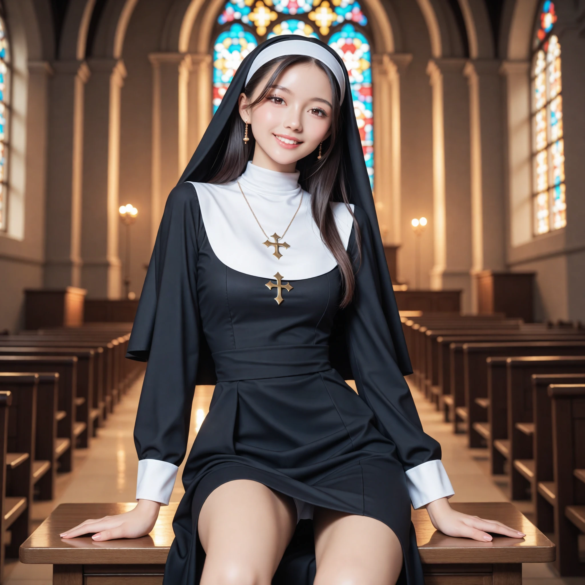 1girll,Sit on a comfortable sofa,Cross ed leg,Soft light，lewd nun，DOA