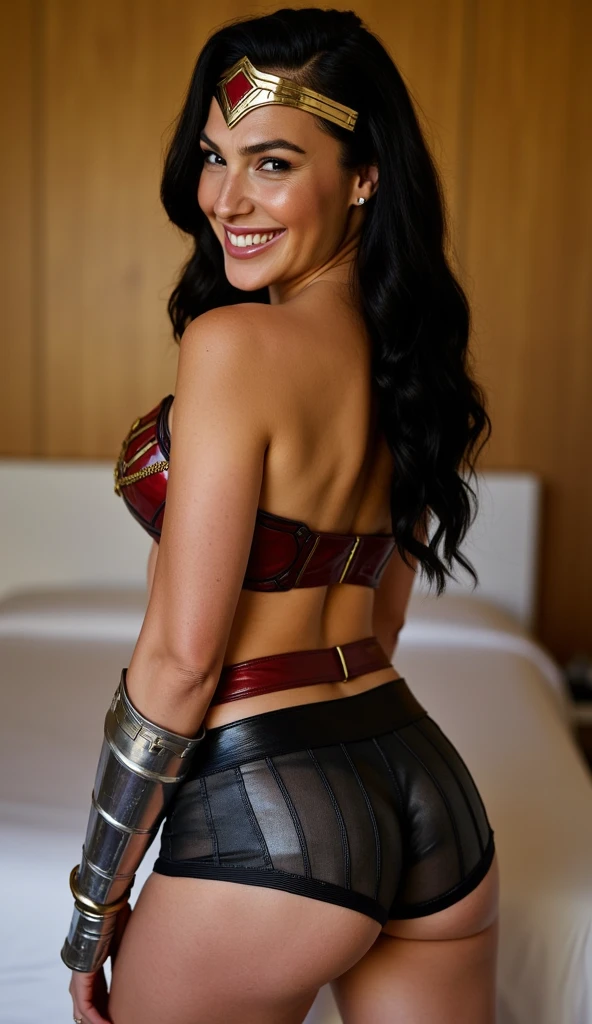 Sexy Wonder Woman fron behind como uma escrava escravo retrato fotografia por artgerm, no estilo do realismo, pele cintilante, Cartooncore, Mangacore, natural lighting, Defined full lips. Female Body Muscle Fitness Gstring Wearing Long Boots
