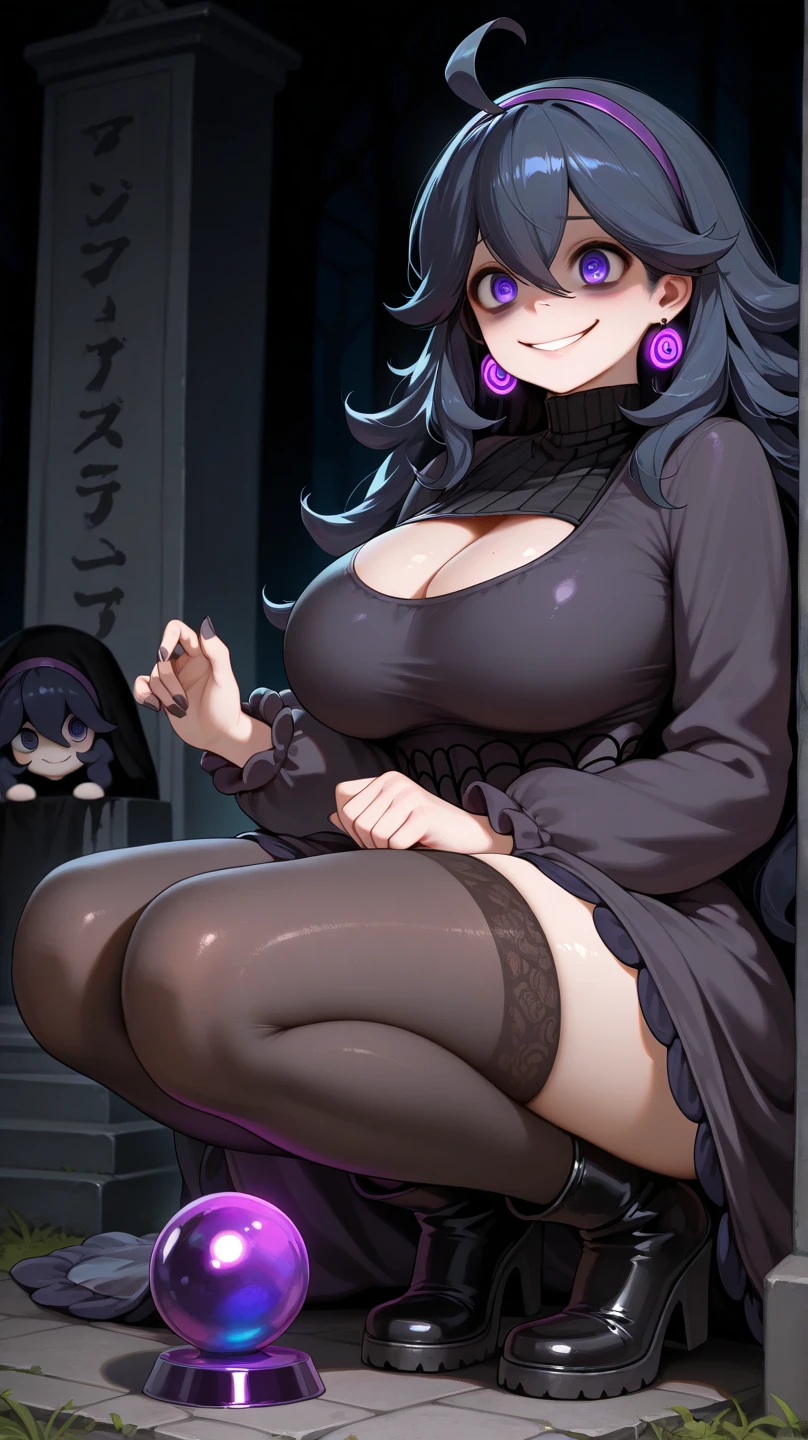 ((masterpiece:1.2)), best quality, ((extreme detail)), (official art), (ultra-detailed), anime screencap, extremely, detailed, (CG), 3d, unity model, 8k, wallpaper, hex maniac, hex maniac(pokemon), 1girl, solo, hotel, bed, smile, (full body view), (huge breasts), wide hips, (long sleeved turtleneck sweater dress), purple clothes, taut dress, embarrassed, purple eyes, cowboy shot, crazy eyes, (shaded_face:1.3), anime, bursting breasts, wrinkles in clothes, thick thighs, (((low angle view))),