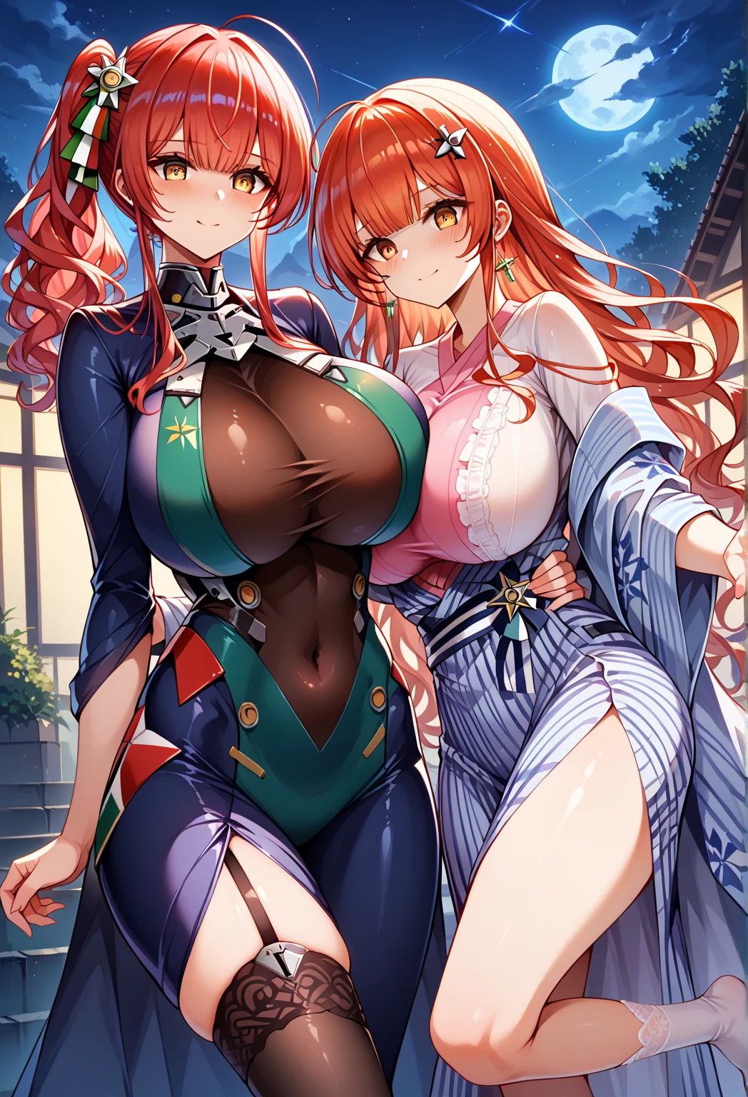 1girl, solo, hinakodesu2, (3heads:1.5), huge breasts, (beautiful eyes:1.5), (detailed eyes:1.5), 3heads, three headed girl, (orange hair:1.2), (long hair:1.2), orange eyes, gloves, standing, large breasts, Hot girl, baddie, bad attitude, mean girl,crazy, smoking, sensual, attractive,
blush, lipstick, masterpiece, best quality, highly detailed, a anime girl in kimono dress ,holding sword, bare
shoulder,open kimono, evil smile, open mouth, crop top , smile, ecchi anime
style, anime girls, ecchi style, ecchi, digital anime art!!, in anime style, official artwork, visual novel cg,
beautiful anime girl, anime style 4 k, kimono pencil skirt, exposed belly, exposed navel,
exposed midriff, exposed lower belly, outdoor, japanese architecture, temple