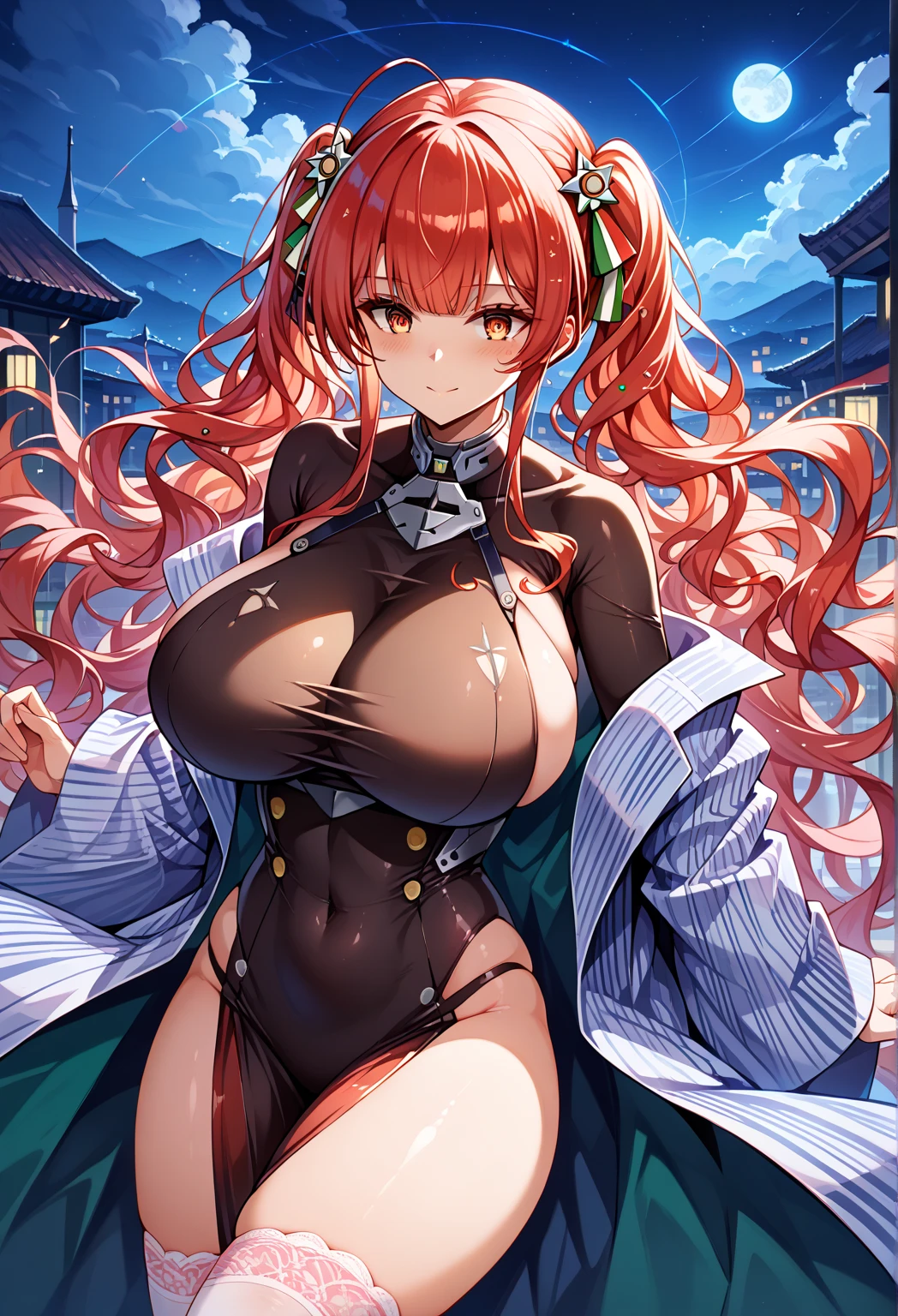 (masutepiece:1.3),(Highly detailed:1.3),(hight resolution:1.1),Best Quality,ultra-detailliert,1girl in,Outdoors,Solo,Jero Baiken,Huge breasts,Amputee,an eye patch,one-eyed,Black jacket,Black kimono,Open your clothes,komono,sash,Smile,