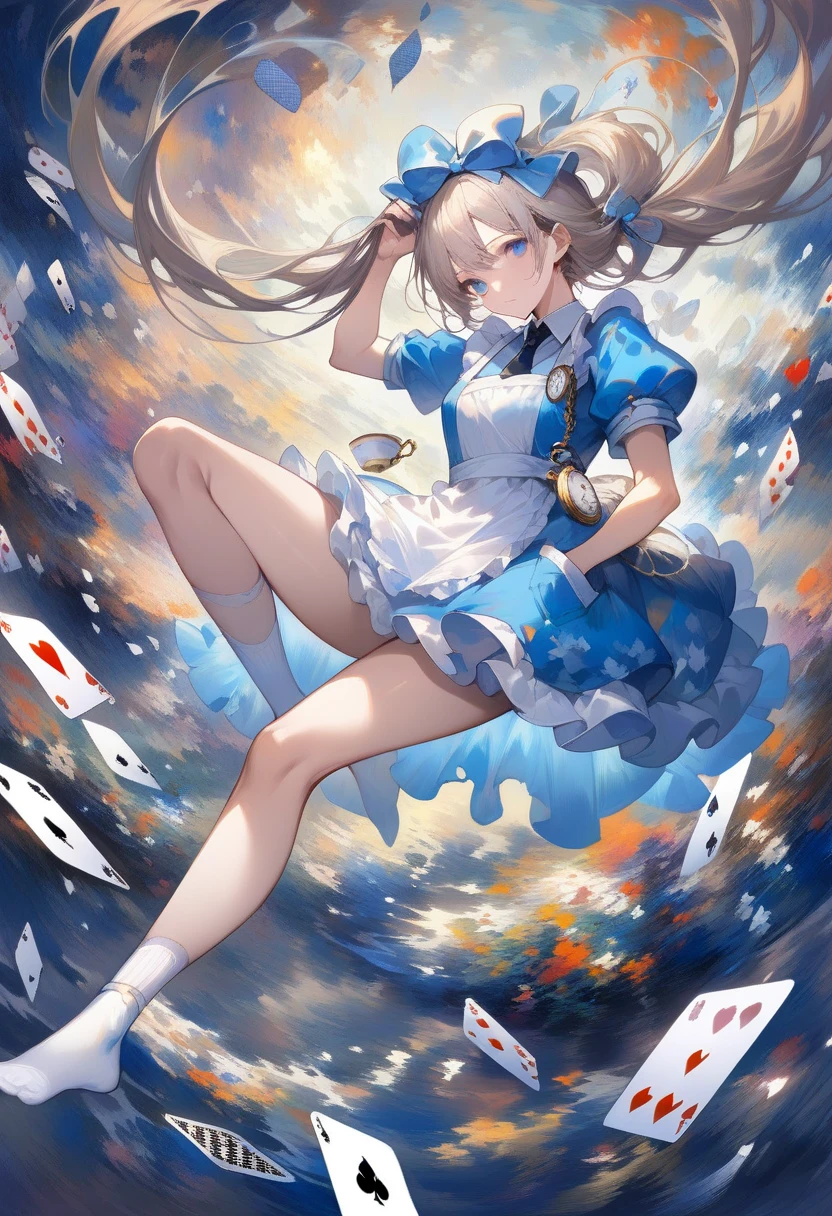 (masuter piece、top-quality、Mystical、Beautifully Aesthetic、Perfect human body balance、offcial art、Impresionismo、von gogh:1.2)、(1 girl in:1.3)、(Fractal Art:1.0)、shinny skin、patterns、(alice in the wonderland:1.2)、(PlayingCards、tea cup、pocket watch:1.3)、(Tie your hair with a ribbon、Blue Dress、a miniskirt、beauty legs、White Apron、white sock、platinum-blonde、Blue eyes)、Exotic wallpapers、highly colorful、Abstract background、Fantastical