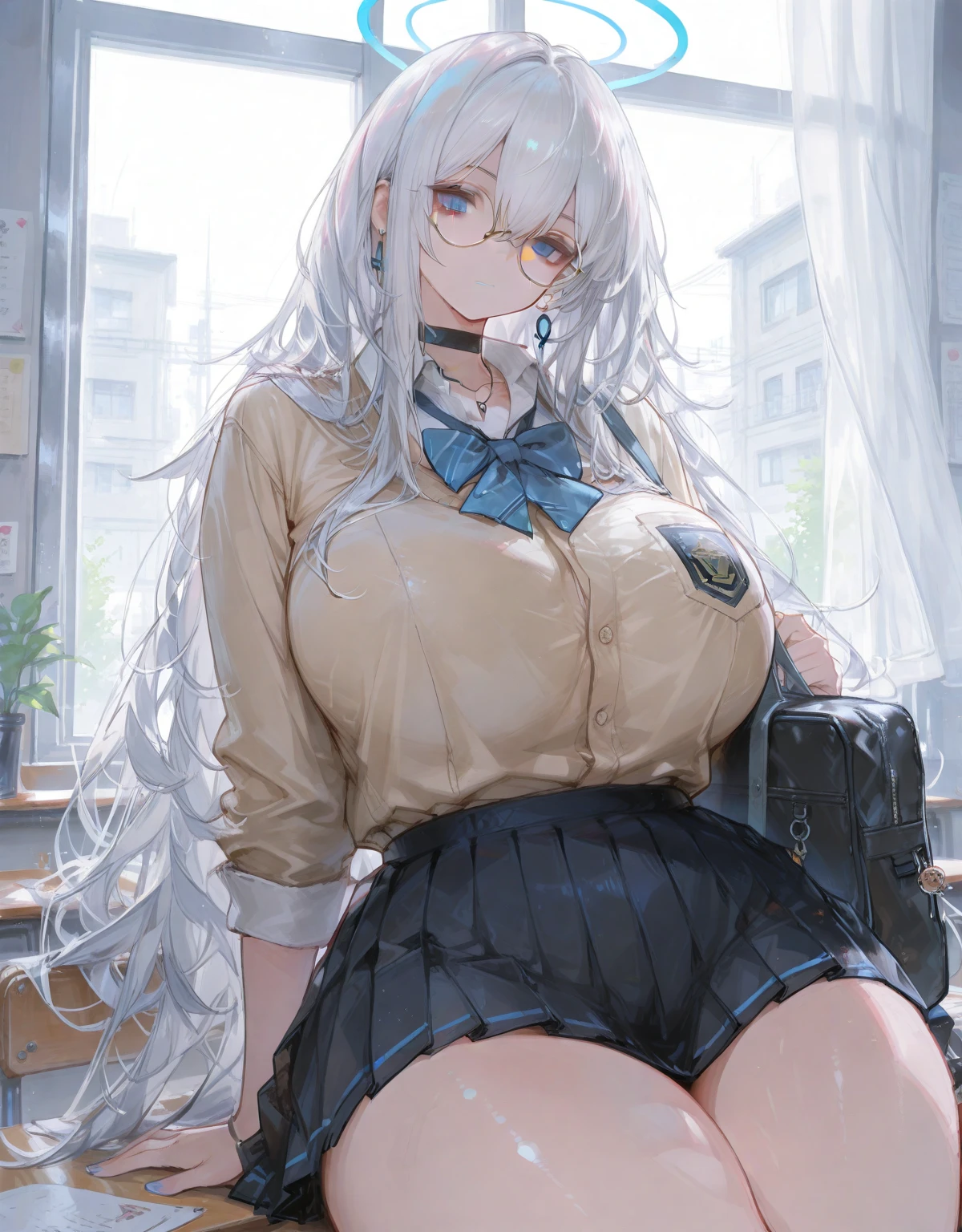 (masterpiece, best quality:1.5), (ultra detailed, high resolution, 8k, beautiful detailed, UHD, best anatomy), 1 girlfriend, white hair, medium breasts, Take off glasses, (private) secretary