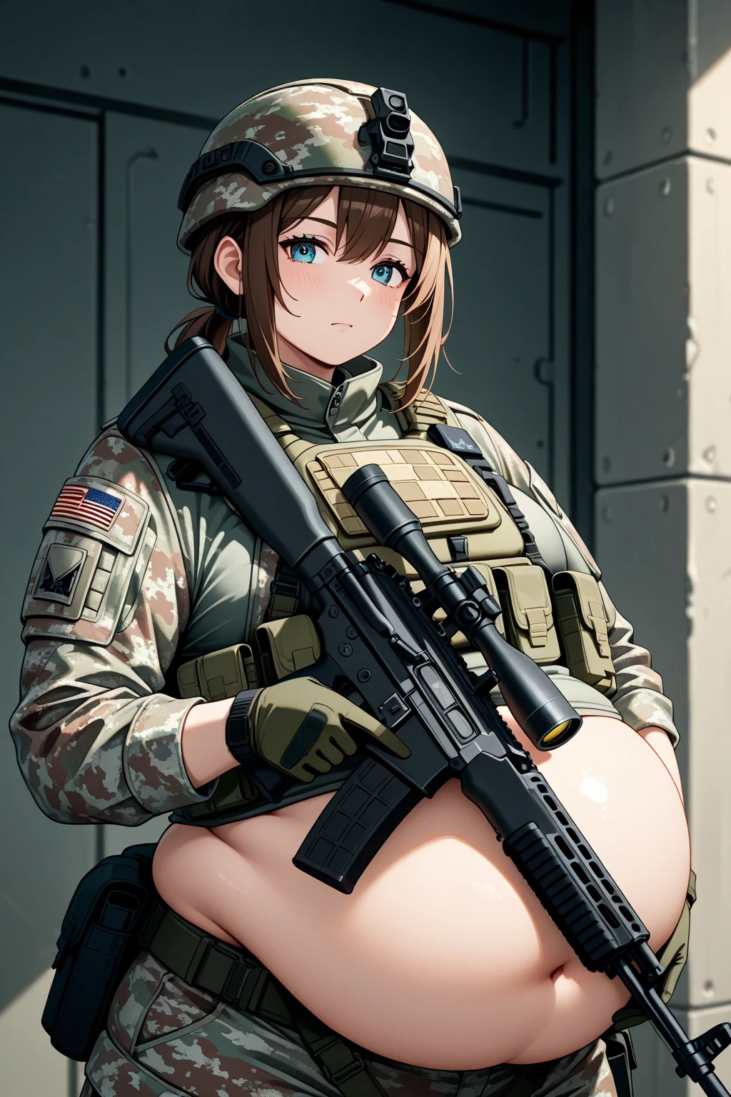 A pregnant woman, (wearing an open-belly short top: 1.3), military helmet, (holding a massage stick: 1.5), good hands, 4k, high resolution, masterpiece, best quality, head: 1.3, ((Hasselblad photography)), fine skin, sharp focus, (cinema lighting), soft light, dynamic angle, [:( facial details: 1.2): 0.2], large breasts, (((military training camp))), white liquid drenched all over the body