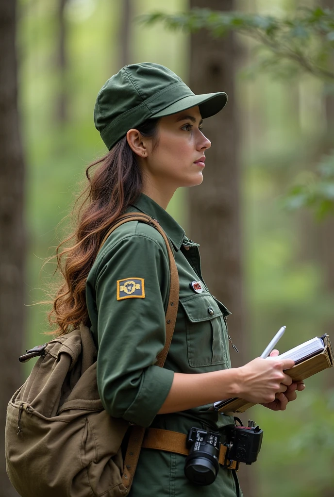 young woman dressed like a scout, detailed and epic, analog realistic photography