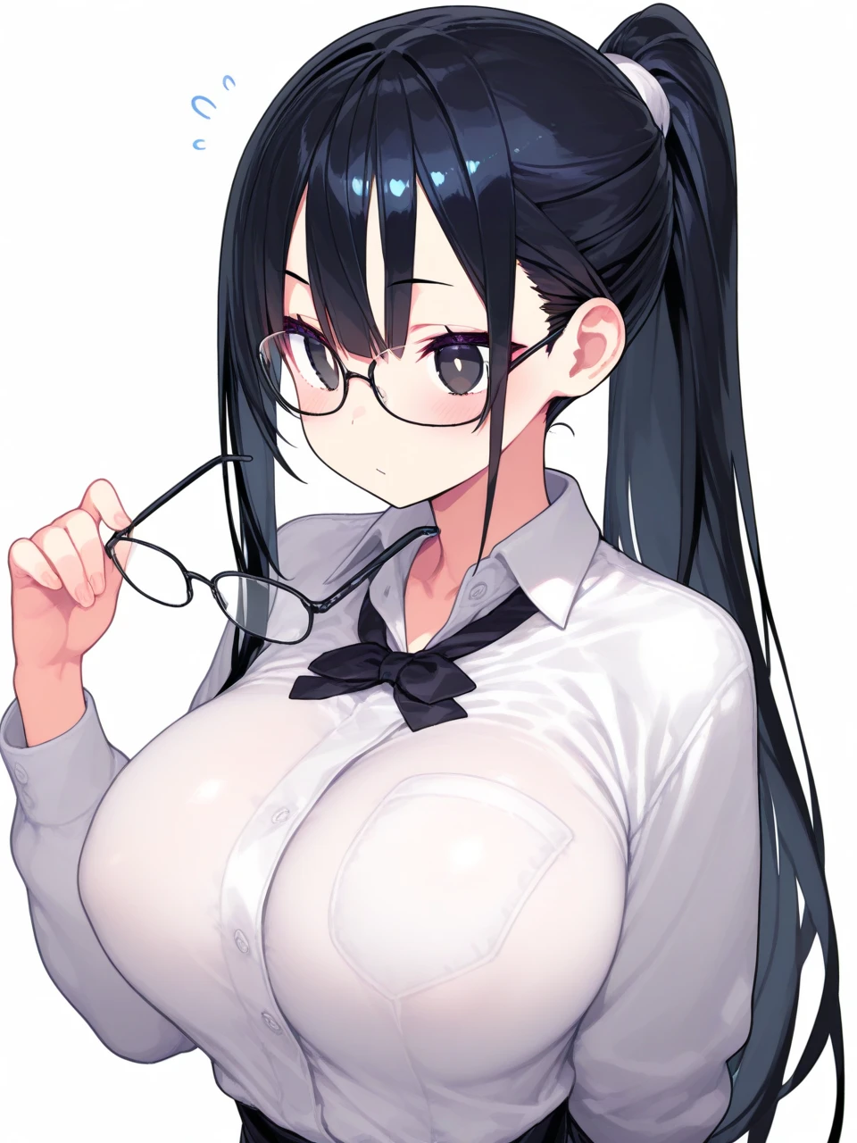 (Very high quality, detailed, masterpiece) An image of a full body pregnant girl with a round belly, long hair, very big breasts and a bubble butt. She's standing barefoot with her hands on her belly and leaning back. She's wearing a sports bra, very thight leggings and glasses.