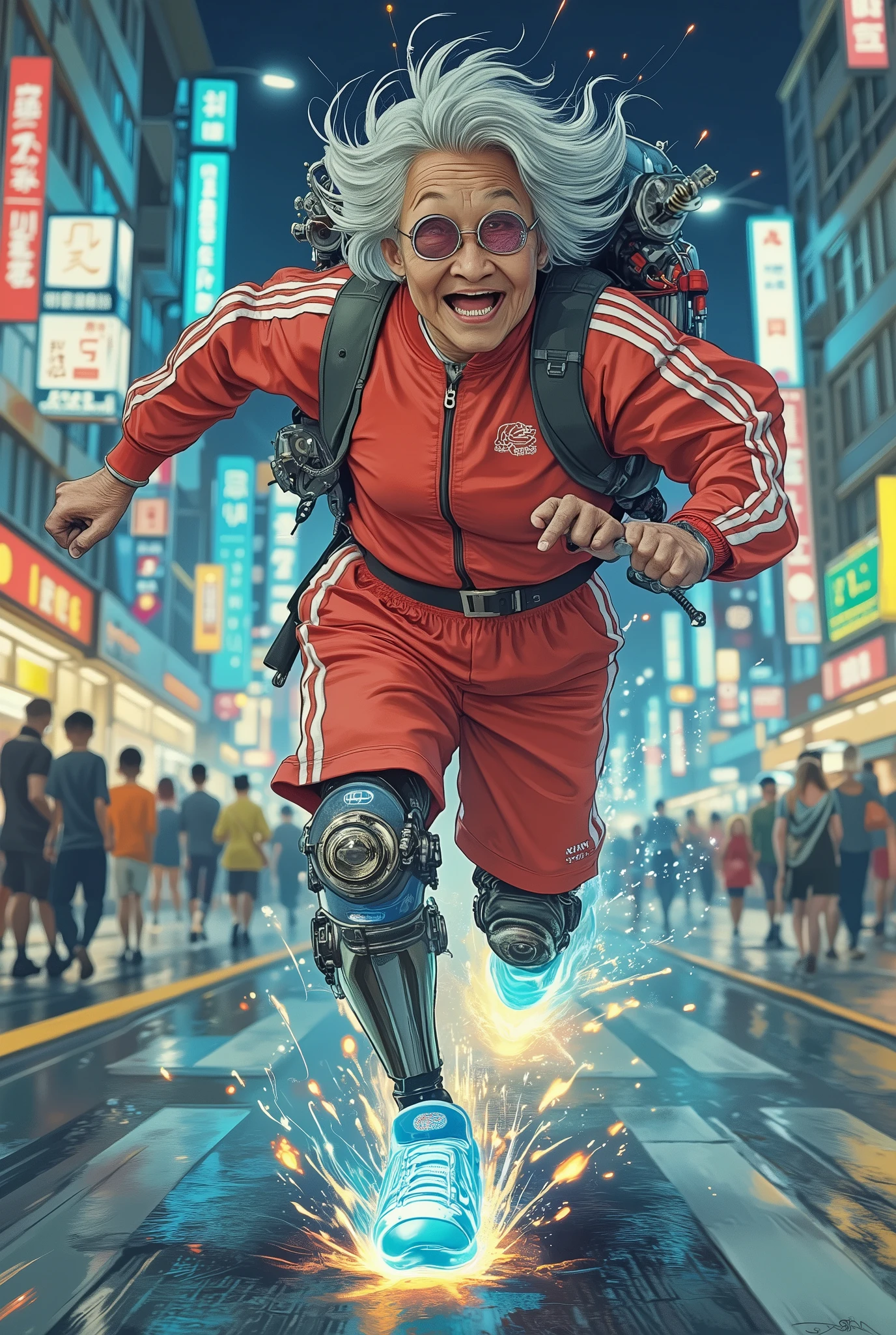 full body shot, a turbo-powered old Japanese woman sprinting at incredible speed through a neon-lit city street at night, wearing a red track suit with white stripes, wild silver hair flying back, glowing sneakers, mechanical knee braces with steam vents, a customized backpack engine shooting blue flames, intense expression with gritted teeth and sunglasses, sparks flying from the ground with each step, motion blur around her, exaggerated speed lines, humorous and heroic tone, anime style, digital painting, high detail, masterpiece:1.5, best quality