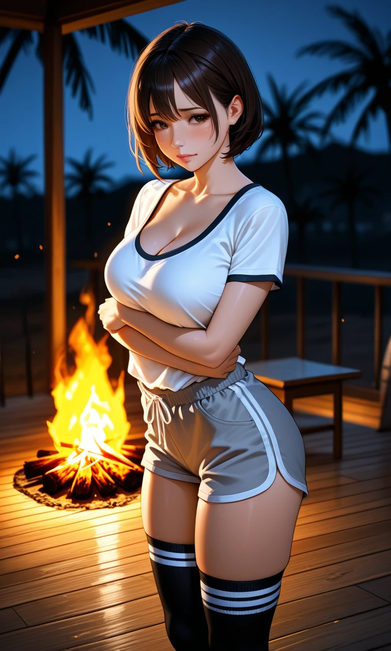 1girl, solo, extremely cute, Amazing face and eyes, (beautiful nice smile), blonde hair, (extremely detailed beautiful face), bright glossy lips, (T-shirt with loose chest:1.5), (Beautiful big breasts:1.7), (Best Quality:1.4), (Ultra-detailed), (Ultra realistic, photo-realistic:1.37), beautiful fair skin, extremely detailed CG unified 8k wallpaper, raw photos, professional photograpy, cinematic lighting, (Night scenery, quiet night forest), (bonfire, campfire), tent, (Silence, moonlight, night sky:1.3),