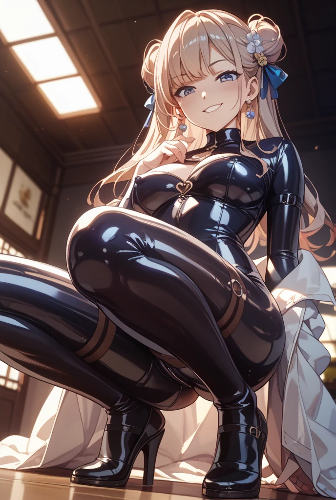 1 masterpiece, full details, 4k quality, 1 girl, solo, ((full body)), standing, big breast, standing , ((trembling)), glasses, knee high boots, leg warmers, ((high waisted skirt)), ((pencil skirt)), transparent_skirt at 60%, arm warmers, ((micro bikini top only)), tight black micro bikini, scarf, black sailor collar, black sailor collar), black thigh highs, blue scarf, boots, breasts, green skirt, green shoes, sleeves past wrists, ((fur trimmed jacket)), open jacket, breastfeeding, ((milk stain)), lactation stream, heart shaped pupils, long blonde hair, curly hair, big hair with drill, mouth, open mouth, tongue, ((tongue exaggeratedly sticking out)), ((orgasm)), pussy juice, trail of pussy juice, puddle of pussy juice, thread of pussy juice, ((simple_background)), white_background, alone background.

