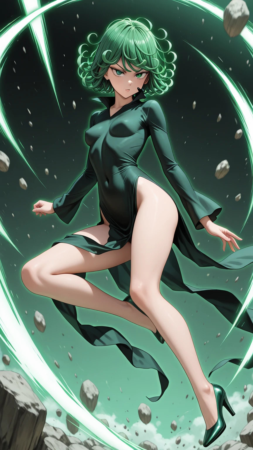 (((pixel-perfect, detail-perfect))), solo, 1girl,  tatsumaki, black dress, looking at viewer, closed mouth,tight dress, standing in sexy pose,half body view 