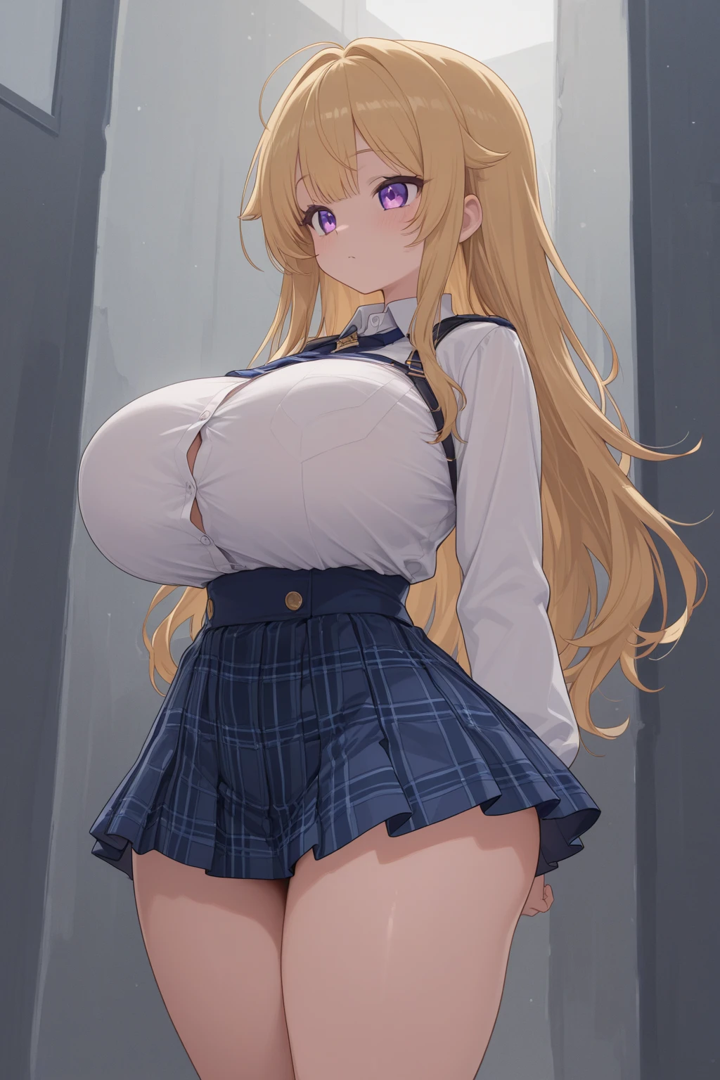 ((Tabletop, Highest quality, High resolution, Hmph, Pixel Perfect, 4K, Hmph, Hmph))),((1 male,1 female:1.6)),((Sexual intercourse between a man and a woman:1.6)),(There is also a man in the photo:1.6), beauty、The whole body is visible、 ((Mid-wave hair, bangs, blonde)), ((Brown eyes, Beautiful eyelashes, Heart Eyes)), ((Detailed face, Smiling excited face:1.2)), ((Smooth texture:0.75, Realistic texture:0.65, Realistic:1.1, Anime CG Style)), (Big Breasts:1.5), Dynamic Angle, Perfect body, ((uniform,White shirt, Black Skirt, Check skirt)), classroom,Open your mouth in amazement、 looked back、Leaning forward、(She lifted her skirt with her hands、Exposed her buttocks。........................、Stick your butt out、Touch your buttocks with both hands、No pants:1.2)、(Big Ass:1.5),(Stick your butt out:1.5),((urination:1.5)),(Wet pussy),(Spread your ass with your hands:1.6),(Squat:1.3),(White knee-high socks:1.2),(Brown Loafers),(plump:1.3),(Spread your legs:1.3),(Insert your penis:1.6),(vapor:1.3),(Sex on top of a man:1.7),(Man's penis:1.5)