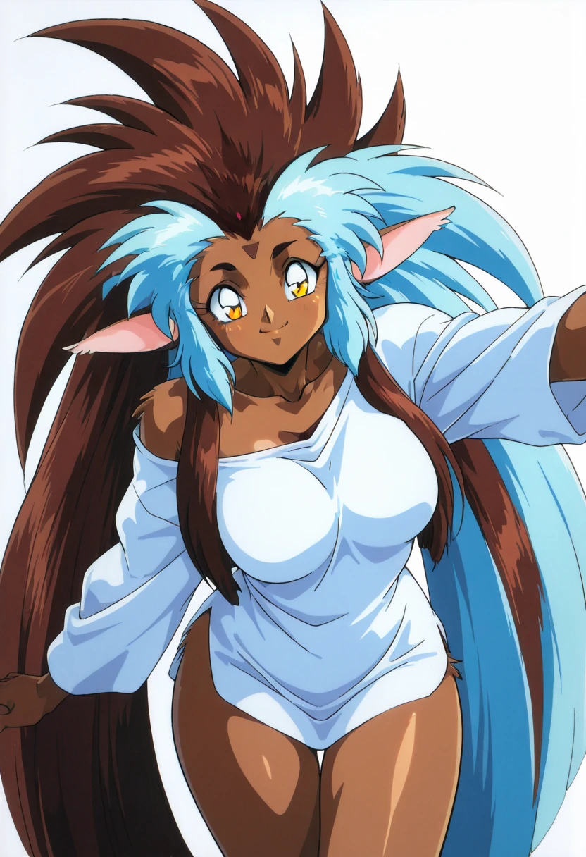 masterpiece, best quality, solo, curvy, beautiful eyes, zzRyouOuki, long hair, animal ears, dark skin, multicolored hair, blue hair, brown hair, yellow eyes, dark-skinned female, two-tone hair, spiked hair, very long hair, big hair, furry, oversized shirt, white shirt, retro artstyle, , <lora:RyouOukiIXL:1.0>,from above, dynamic pose, cowboy shot, smile, looking at viewer, shiny skin,