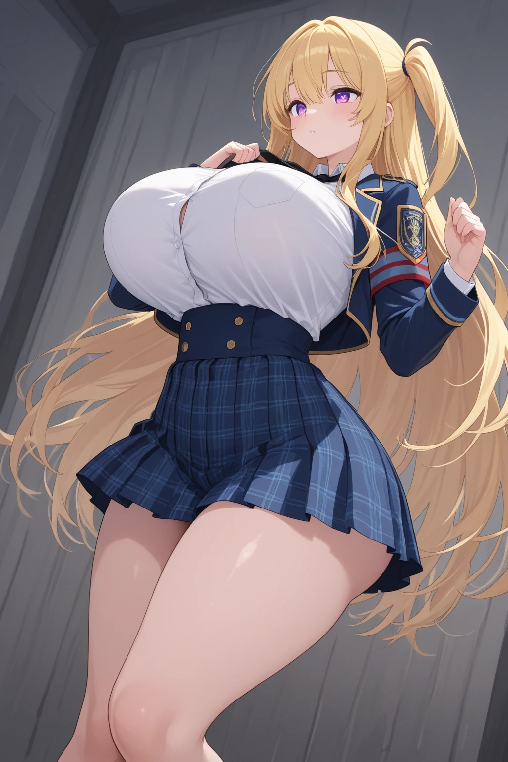 1 girl, alone, huge breasts, twin tails, blue eyes, Thighhighs, skirt, blonde hair, smile, shirt with tent, , open your mouth, looking at the viewer, skin dents,