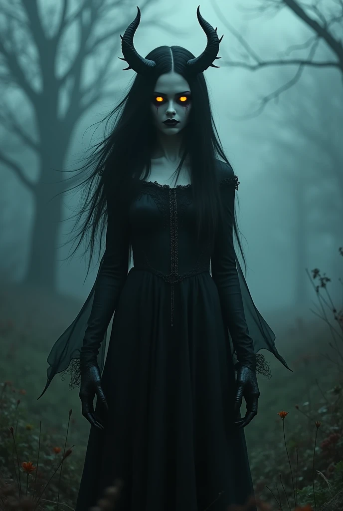 Two headed scary witch human monster with yellow glowing eyes