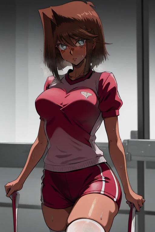 locker room、No background、Standing posture、Track and field athlete、Athletics Stadium、athlete、(1 female)、(Red hair、Short Hair)、(Sleeveless track uniform、Racing Bloomer)、Ultra-detailed illustrations、Ultra-precision performance、masterpiece、Highest quality、超High resolution、High resolution、((Embarrassed expression、Sweat、body fluid))、Mommyfy、