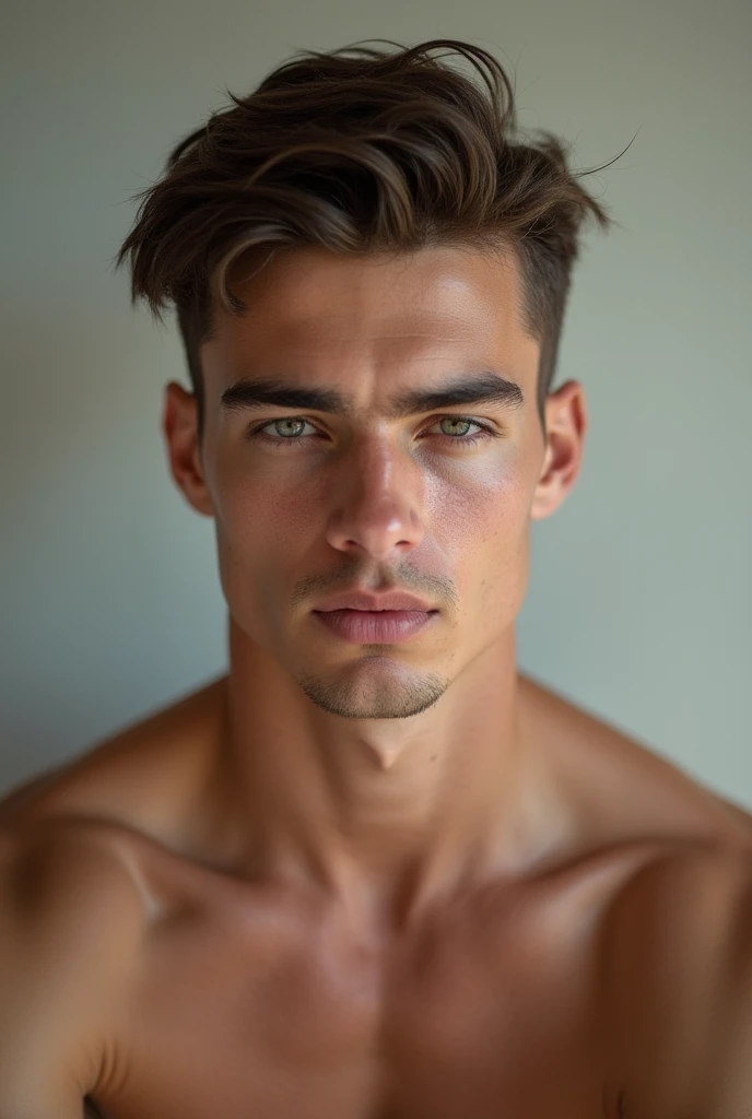 A young, slightly muscular man with dark hair, skin very white, BIG BLUE eyes, thick lips, no facial hair, with big eyelashes, thin and profiled nose, with a hunter&#39;s gaze, posing for a casual photo 