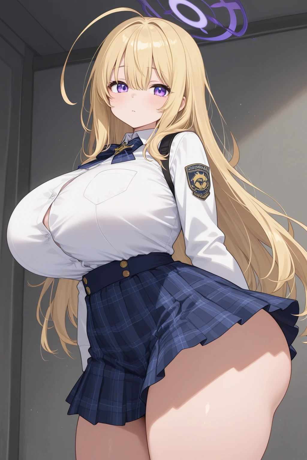 16 year old girl, big breasts, lifting her skirt with both hands, shirt showing her breasts, nipples, showing her pussy, sensual smile, Black thighhighs,uniform