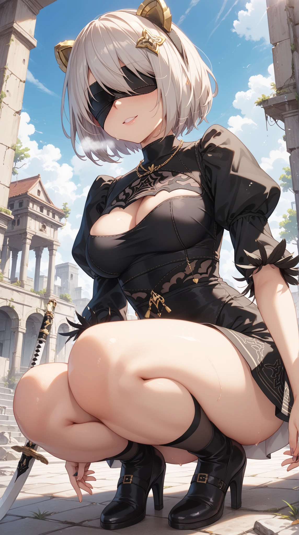 8k UHD, DSLR, masterpiece, high quality, (RAW photo, best quality), (realistic, photo-realistic), ultra-detailed, extremely delicate and beautiful, Amazing, finely detail, highres, (best illustration), intricate, (full body visible), front view, nun, intricate high shaped hairstyle, gorgeous, Intricate epic wide shot, perspective darkfantasy, highly detailed face, (huge breast), tatto, black choker, no panties, black pantyhose, black glasses, black Prada high heels, squatting, spreading legs, blue eyes, flat color, grey theme safari jacket, masterpiece, ultra realistic, 32k, extremely detailed CG unity 8k wallpaper, best quality, tatto, facial mark, tatto on face, (((nsfw)))