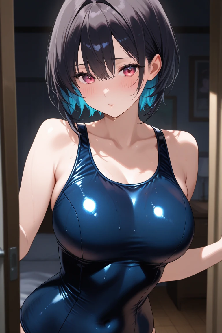 (Armpit Show:2.0),((Clean armpits:2.0)),(Latex large enough to reflect your face:2.0),((One girl:1.9)),(Under the chest:2.0),(Smiling Beam:1.5),((Huge breasts:2.0)),(Saggy Huge Breasts:2.0), ((Cleavage:1.7)),((Blue competitive swimsuit:2.0)),((High Leg:2.0), 20-year-old,masterpiece,super high quality, Very detailed,Perfect photo,3d,8K,High resolution,Enchanting anime girl, Medium Hair:1.3,Black Hair,(black eye:1.5),Sporty hairstyles,Smooth anime CG art,