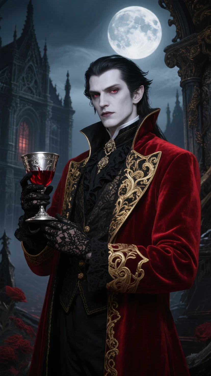 high quality 8k resolution, detailed and haunting, best quality, masterpiece, photorealistic, ultra-detailed, vampire, male, full body, anime, rich, drinking blood