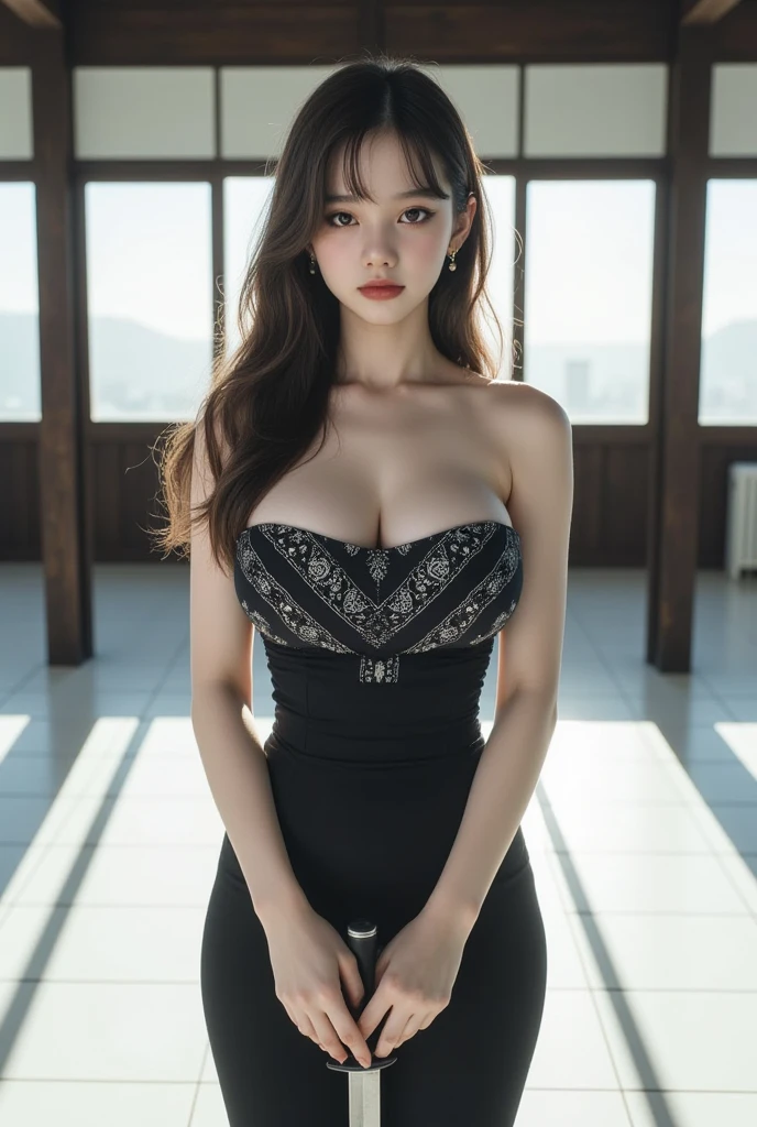 Leo Girl, Seductive leaning forward with skin details, Very realistic 8k cg, picture-perfect face, flawless, clean, Masterpiece, Professional artwork, famous artwork, movie light, Blossoming in the cinema,((black hair)),(1 girl, beautiful korean girl),perfect face, (young:1.1),((The right shape)),((2)), Beautiful face, beautiful blue eyes,Detailed eyes, face details, (((perfect woman's body, small waist))),(big breasts:1.3)Laura:GoodHands-Beta2:1>, , ((Young woman standing)),upper body,Blade to the side,Attack,Blade down,Right hand blade,, cherry blossoms,, (Masterpiece, best quality, High quality, height, Very detailed),