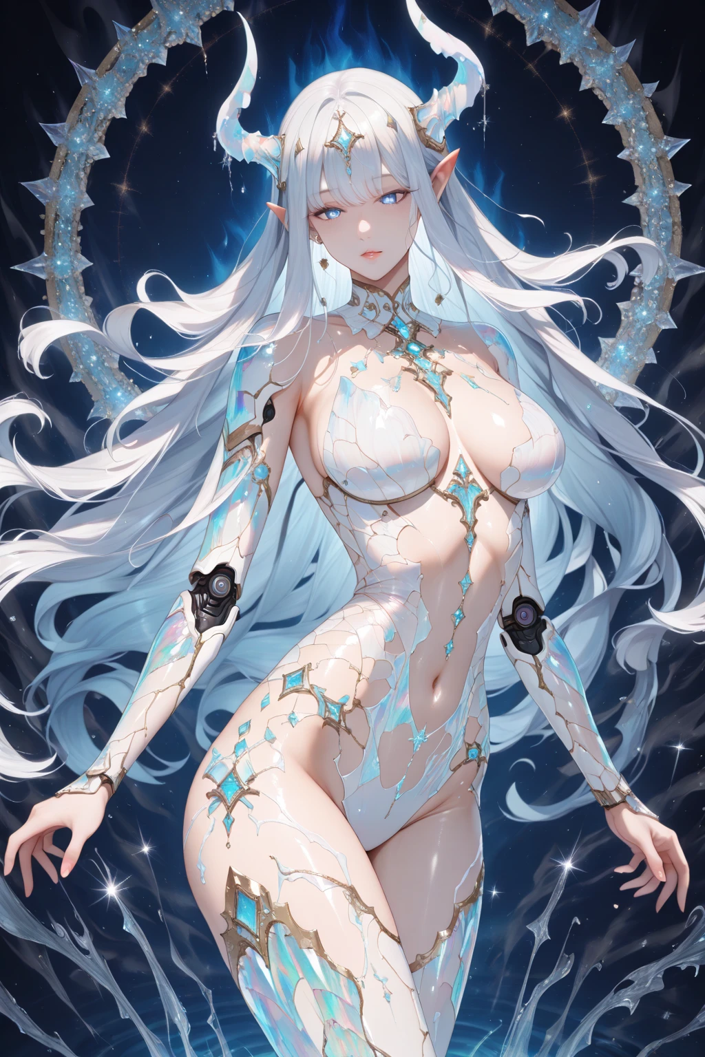 best quality, expressive eyes, perfect face, silver opal lightning storm, post apocalyptic, holding magic globe, thicc busty wolf girl, wallpaper art, very detailed eyes, anime style, full body art