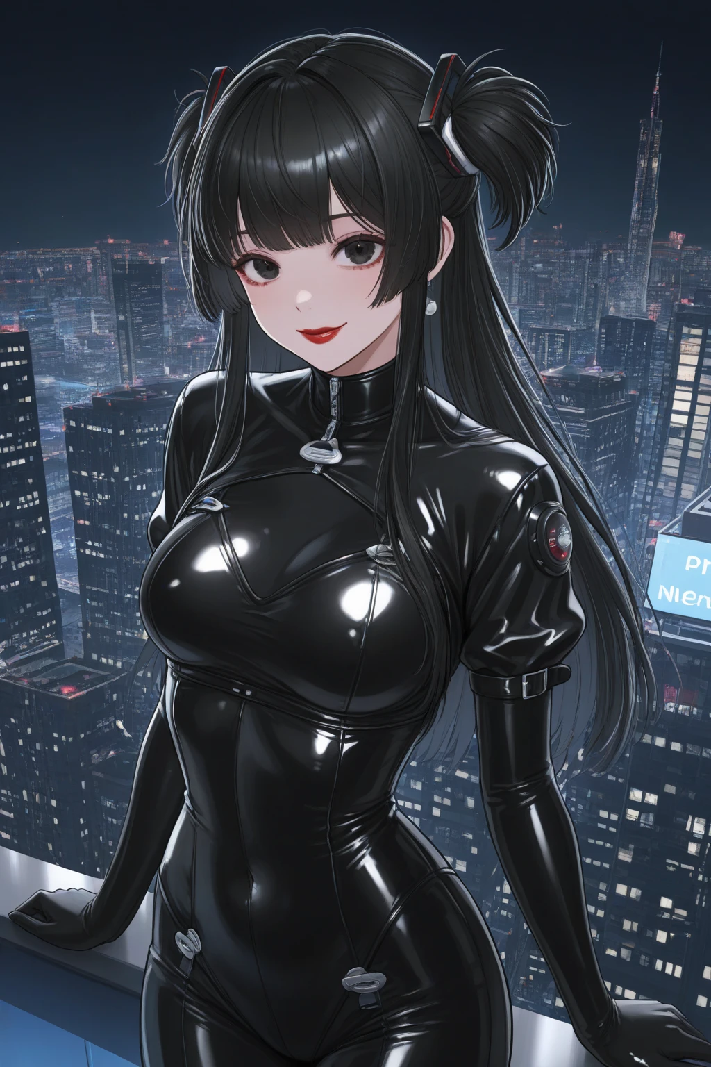 1girl, masterpice, high quality, best quality, good body, 5fingers, good hands and fingers, official art, (solo), dynamic angle, dynamic pose, black hair, scenary: city,night, people, large breasts, gantz, (reika), latex, black bodysuit, science fiction, <lora:Reika-06:0.6>, ((anime screencap))