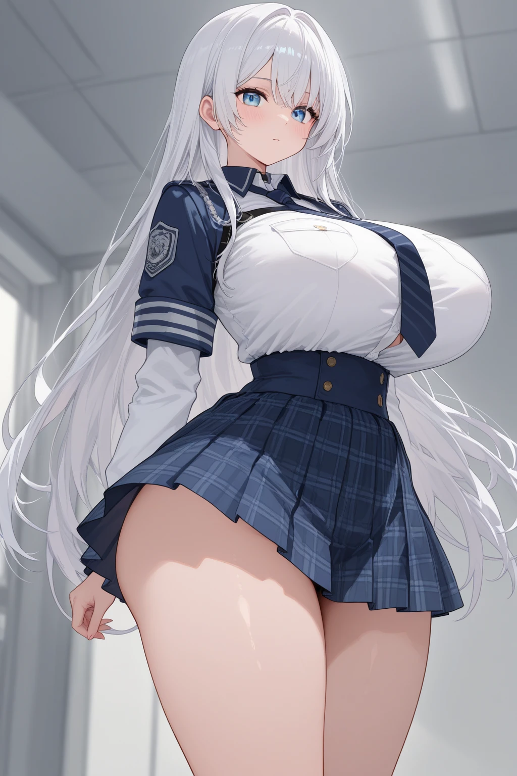 (best quality:1.5, highres, UHD, 4K, detailed lighting, shaders), gray wavy hair, gradient hair, vampire ars, large big breasts, large big butt, big thighs, mature woman, school uniform, (pov), full body, white background, colorful eyeshadow, dramatic lighting, sparkling eyes, confident expression, golden earrings, flowing hair, delicate facial features, dark skin, high cheekbones, stylish clothing, urban setting, white background