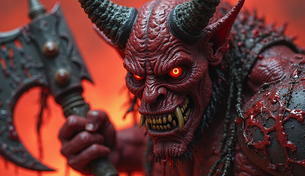 RAW,, award-winning close-up portrait glamour photography, a horrifying red-skinned ????? demon king standing in the fire, in hell, detailed evil face, crooked, screaming hoof, bat wide open as wings, scaly skin, goat's legs, ram's horns, long curved horns, flaming katana, cloth loin, professional, dramatic cinematic lighting, neon edge lighting,