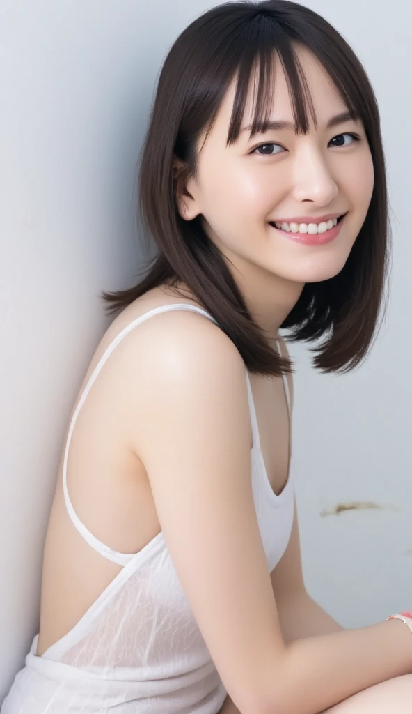 beautiful 26 year old woman。She wears a camisole。She looks ecstatic as if she had an orgasm during sex..。her dark brown hair、、her hair is long。High resolution、masterpiece、highest quality、Head w:1.0、((Hasselblad Photos))、fine skin、fine knit、(movie lighting)、clavicle . she is smiling.