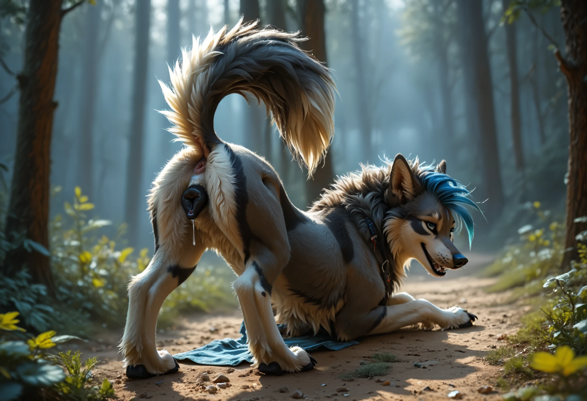 feral, wolf, female, grey fur with blue highlights, k9_pu$$, canine pussy, tail_anus, dark vulva, dark forest, teasing expression, glossy pussy, dripping pussy, chest down ass up, fluff-kevlar, skinny