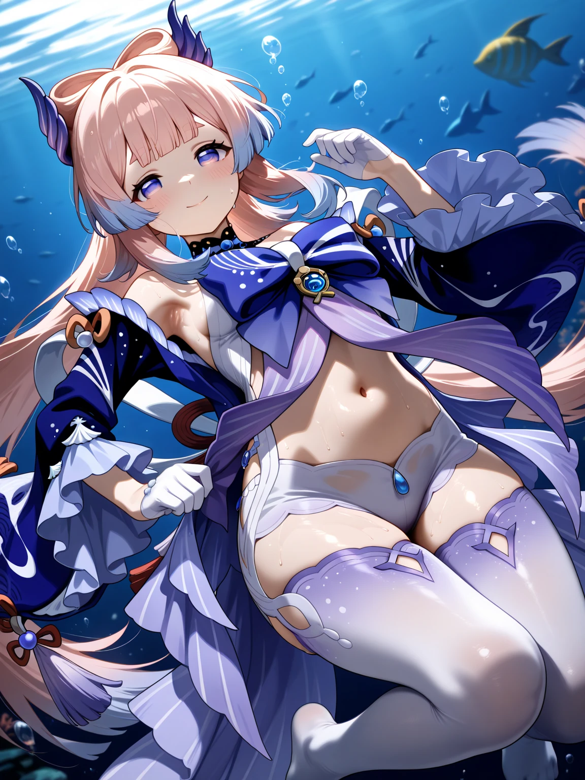 (Realistic painting style:0.9), masterpiece, best quality, absurdres, looking at viewer, solo, sangonomiya kokomi (sparkling coralbone), no pupils, sangonomiya kokomi, 1girl, solo, pink hair, bow-shaped hair, long hair, sitting, looking at viewer, gloves, bare shoulders, water, bangs, multicolored hair, no shoes, white gloves, smile, purple eyes, wide sleeves, bow, blue hair, socks, gradient hair, full body, frilled sleeves, fish, white background, thighs, legs, jellyfish, blunt bangs, frills, blush, closed mouth, blue eyes, long sleeves, detached sleeves, knees up, very long hair, feet, wet, vision (genshin impact), hair ornament, water drop, colored tips, white socks, shorts, (large breasts:1.2), white thighhighs