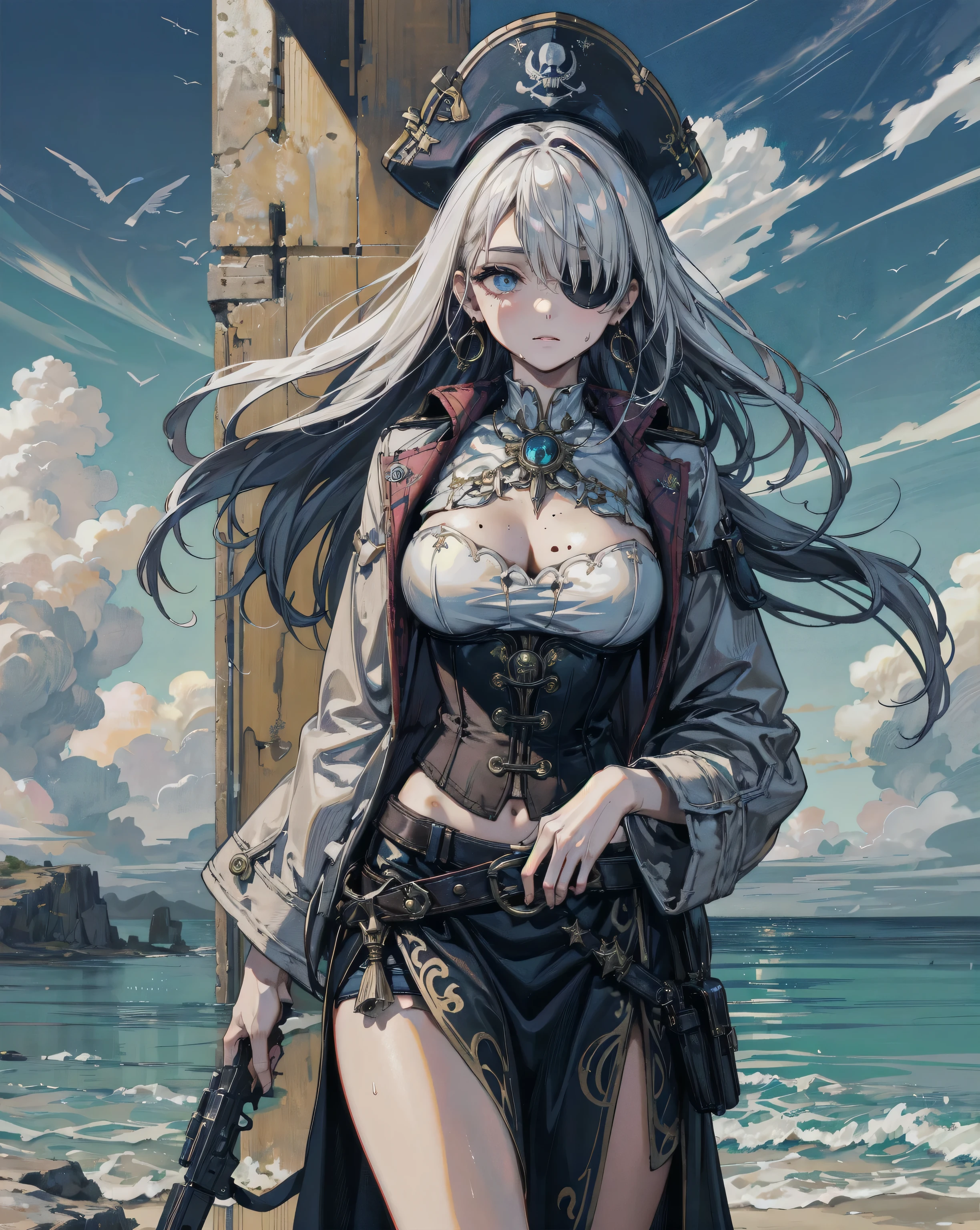 The eyes are covered with a thin white band, huge cleavage, blushing expression, huge chest