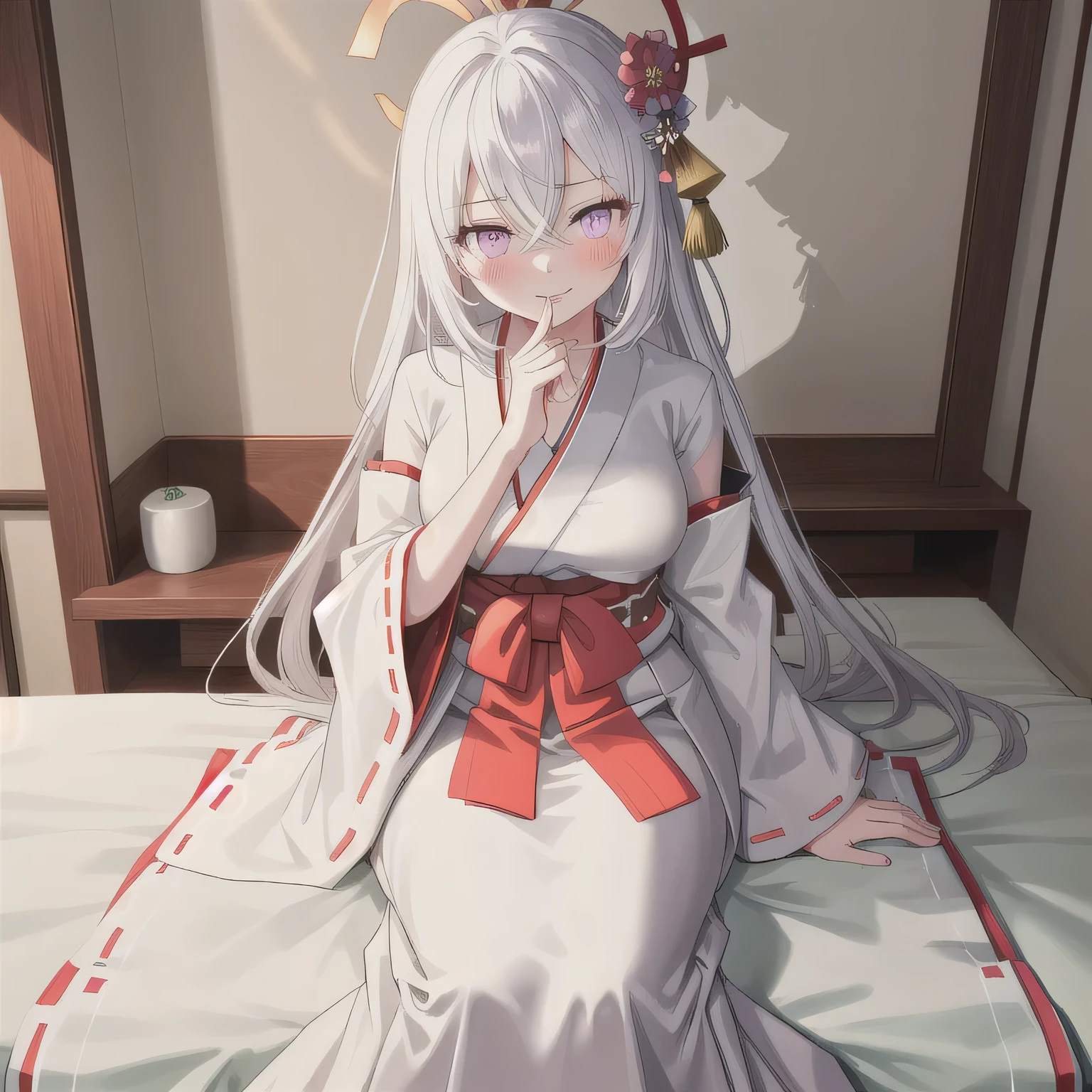 portrait of a beautiful girl with translucent skin and softly expressive eyes, gentle blush, subtly glowing gradient hair, delicate emotional line art with soft shadows, evoking a melancholic and enchanting mood. She is wearing a traditional red and white Japanese shrine maiden outfit (miko attire), sitting on the edge of a simple bed in a modest Japanese business hotel room. On the table nearby is a moist hand towel. She leans slightly forward, holding both hands playfully in front of her mouth, as if imagining holding something big and delightful. Her lips are softly parted, and she has a cheeky and flirtatious expression. No food or objects are being held. White hair, long hair, purple eyes.
