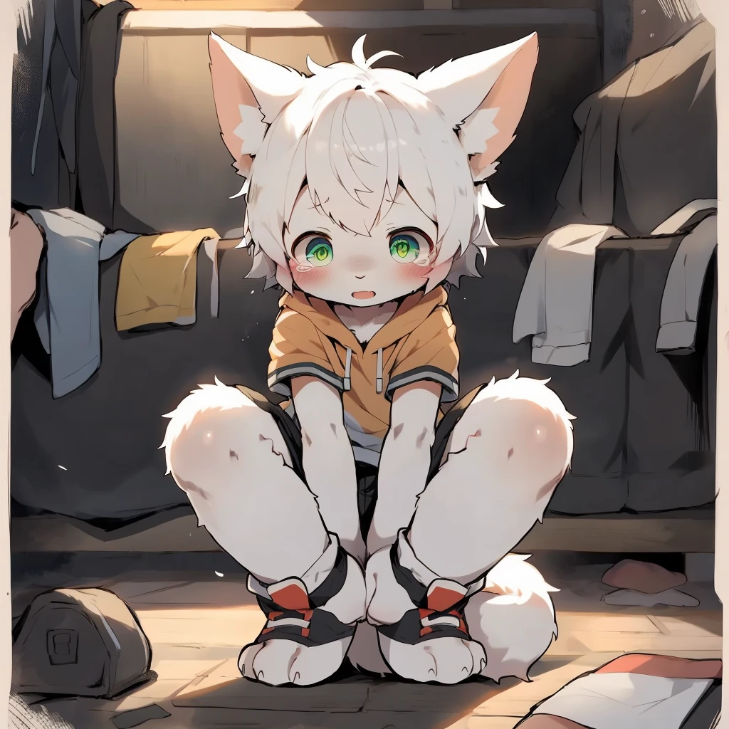 kemoshota, living in the slam, male prostitute, dirty clothes, shabby and baggy clothes, collar, punched bruise, slut boy, short statue, short height, masterpiece, 4K, dynamic angle