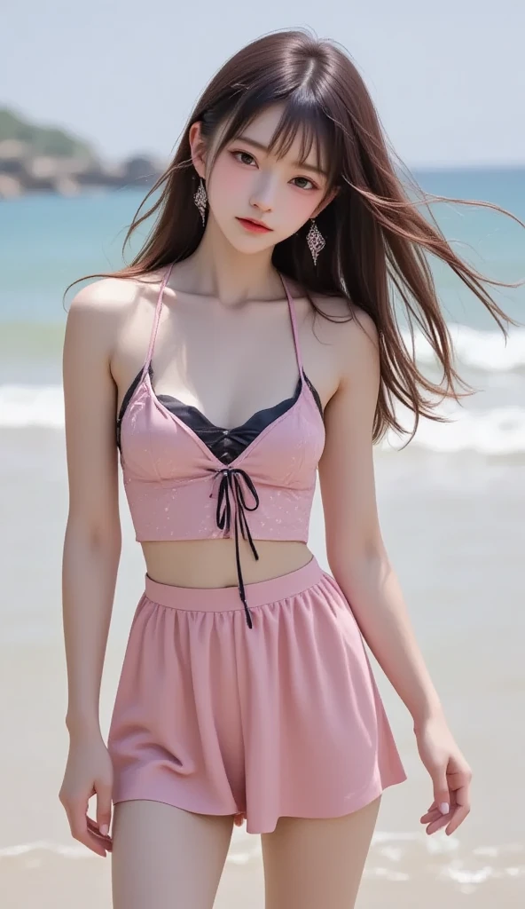 Ariana Grande, beautiful, , pink purple Bikini Sexy high-waisted long-sleeved two-piece swimsuit, standing sexy next to the rose garden, t- shorts