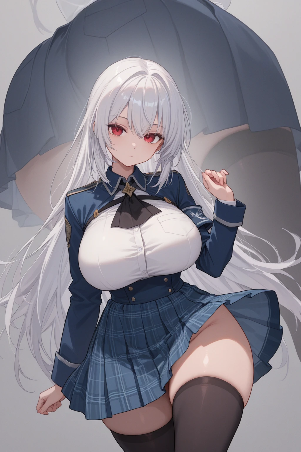 (solo), (416_GirlsFrontline), skinny girl, BREAK, (disproportionately huge breasts:1.4), bursting breasts, narrow shoulders, narrow waist, (skinny long legs), arms behind back, BREAK, (dark purple jacket), (very short high-waist skirt), thigh gap, (black thighhighs), BREAK, smile for viewer, embarrassed, nose blush, open legs, (nsfw:0.7), slipping white panty