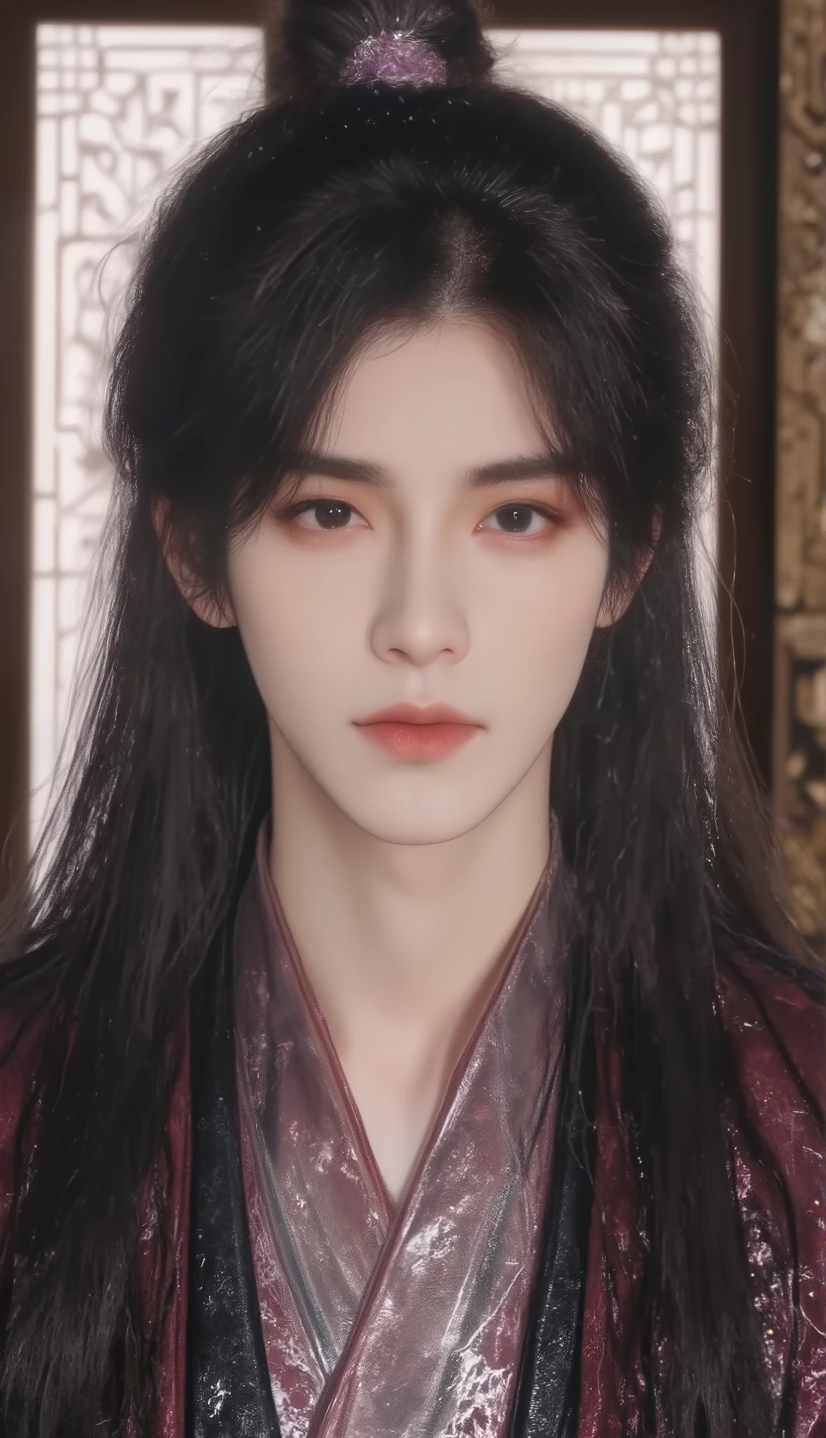 Young handsome teenager with long hair, traditional Chinese male hairstyle, wearing clothes of ancient Chinese dynasty, Elegant look . handsome look, Dark eyebrows , Sharp, prominent nose.