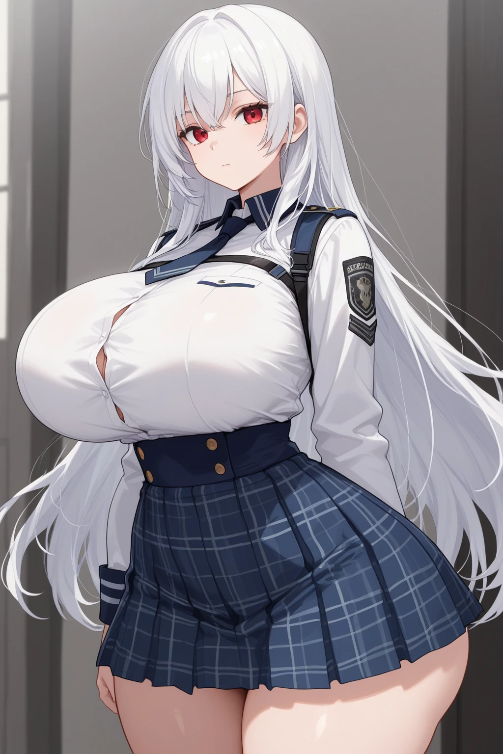 masterpiece, mischievous smile, light blush, looking at viewer, huge breasts, sexy pose, female rean schwarzer, long hair, black coat, black skirt with a slit on the side, black gloves, white hair, red eyes, (open shirt: 1.2), (nipples: 1.2), detailed white classroom in the background