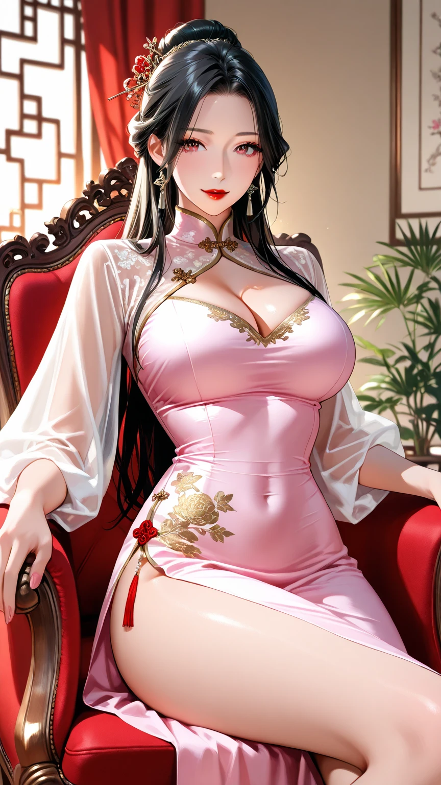 a women is dressed in a pink dress sitting on a red couch, 1girl, breasts, solo, cleavage, brown hair, looking at viewer, sitting, long hair, large breasts, jewelry, earrings, dress