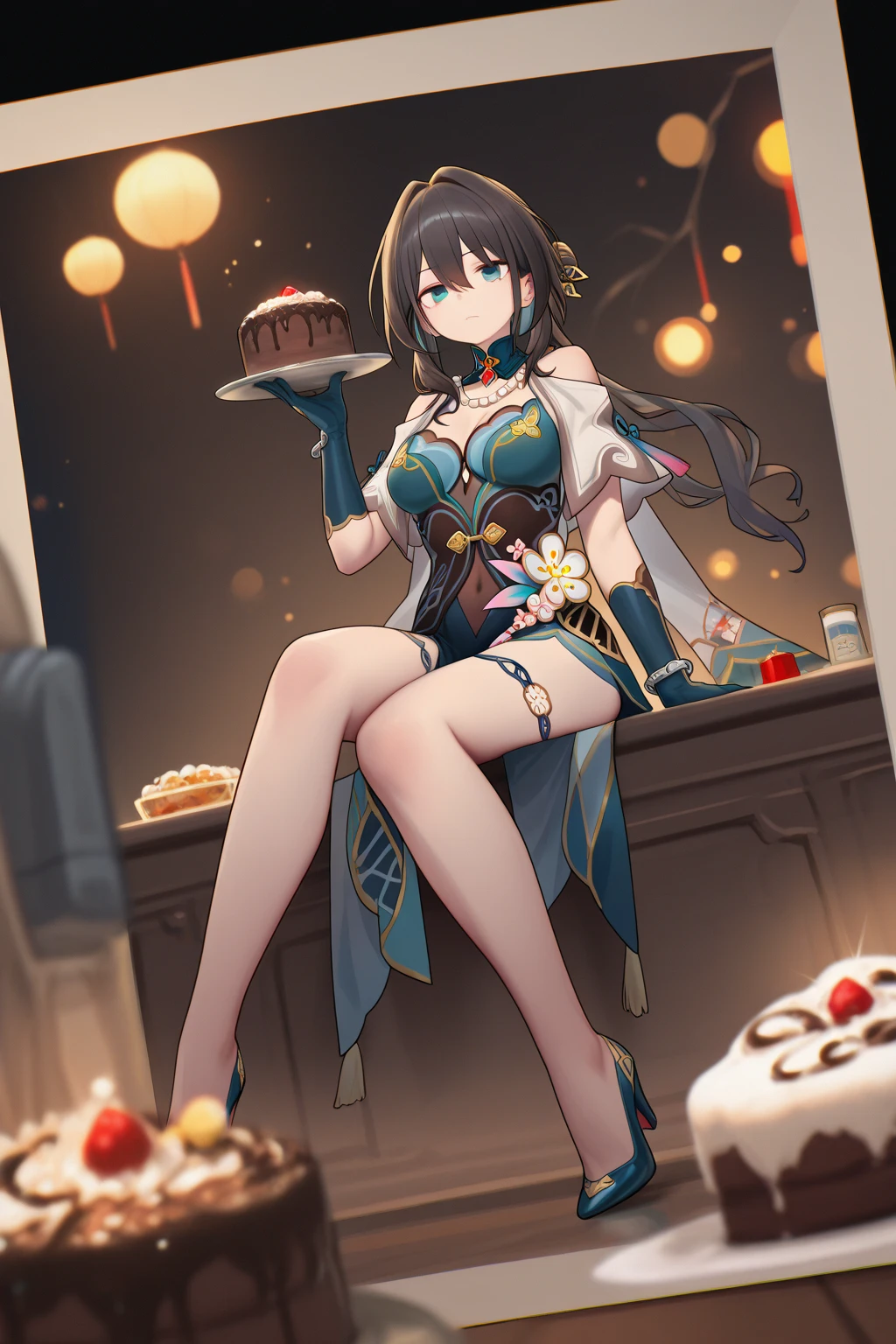 (((Masterpiece))),(((Super Detail))),(((in 8K))),(((best composition))),(((Rim lighting,Fireglow effect,deep shadow))),solo,(Hatsune Miku:1.0),(small breasts:1.2), (perky chest:1.2), (pointed chest:1.2), (Pudding cake magazine cover:1.3),(from above:1.0),(shoot from the side:0.9),masterpiece, 1girl, Amazing Cleavage:1.1, thin waist, Beautiful fingers,Detailed finger features,(Detailed hair features:1.7),detailed facial features,detailed clothes features, (perky chest:1.1), (pointed chest:1.3), looking at viewer,beautiful detailed eyes,double bun with glittering hair ornament,(super detailed glossy skin:1.3),slender body,tits,goddess smile,((mouth little smile open)),beautiful posture,cheongsam dress,(blue with silvr gold thread embroidery,super delicate floral pattern:1.2),seductive cleavage:1.3,beautiful glossy legs,shiny red high heels,lifting dishes with cakesd,french restaurant,hustle and bustle,rising steam,(((depth of fields)))