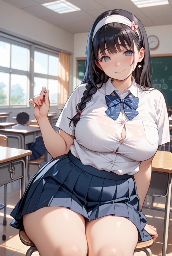 best quality,1girl,((big breasts:1.5)),((((loli,10 years old,,little girl:1.3)))),curvy,orgasm,ahegao,blush,blue eyes,black hair,long hair,((two side up:1.1)),((school uniform,white shirt,plaid skirt,blue skirt,mini skirt,lift skirt,upskirt,white panties,lace panties,black thighhighs:1.1)),((sitting,crossed legs)),see through,classroom,pussy juice
