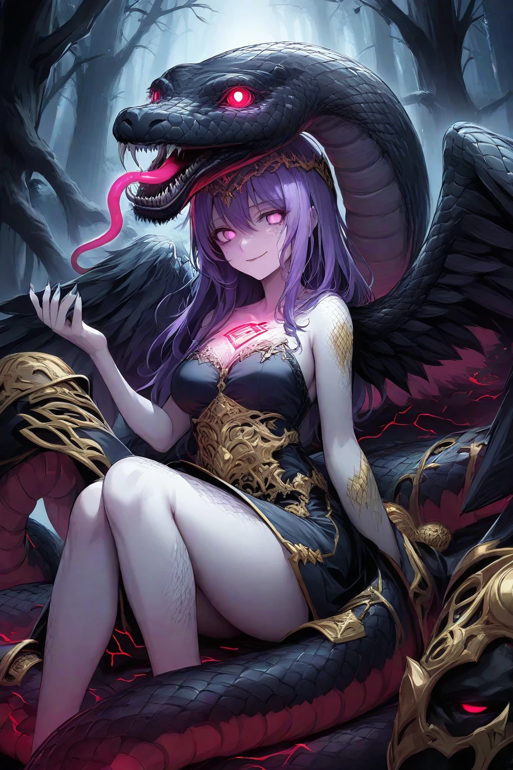 Highest quality, masterpiece, Ultra-high resolution, female、Big Breasts、Snake Beastman、Darkness Fell、Darkness attribute、Sick Heart、Black purple hair、Sick face、Negative aura、Ready your spear、Food、Strange line tattoos all over the body