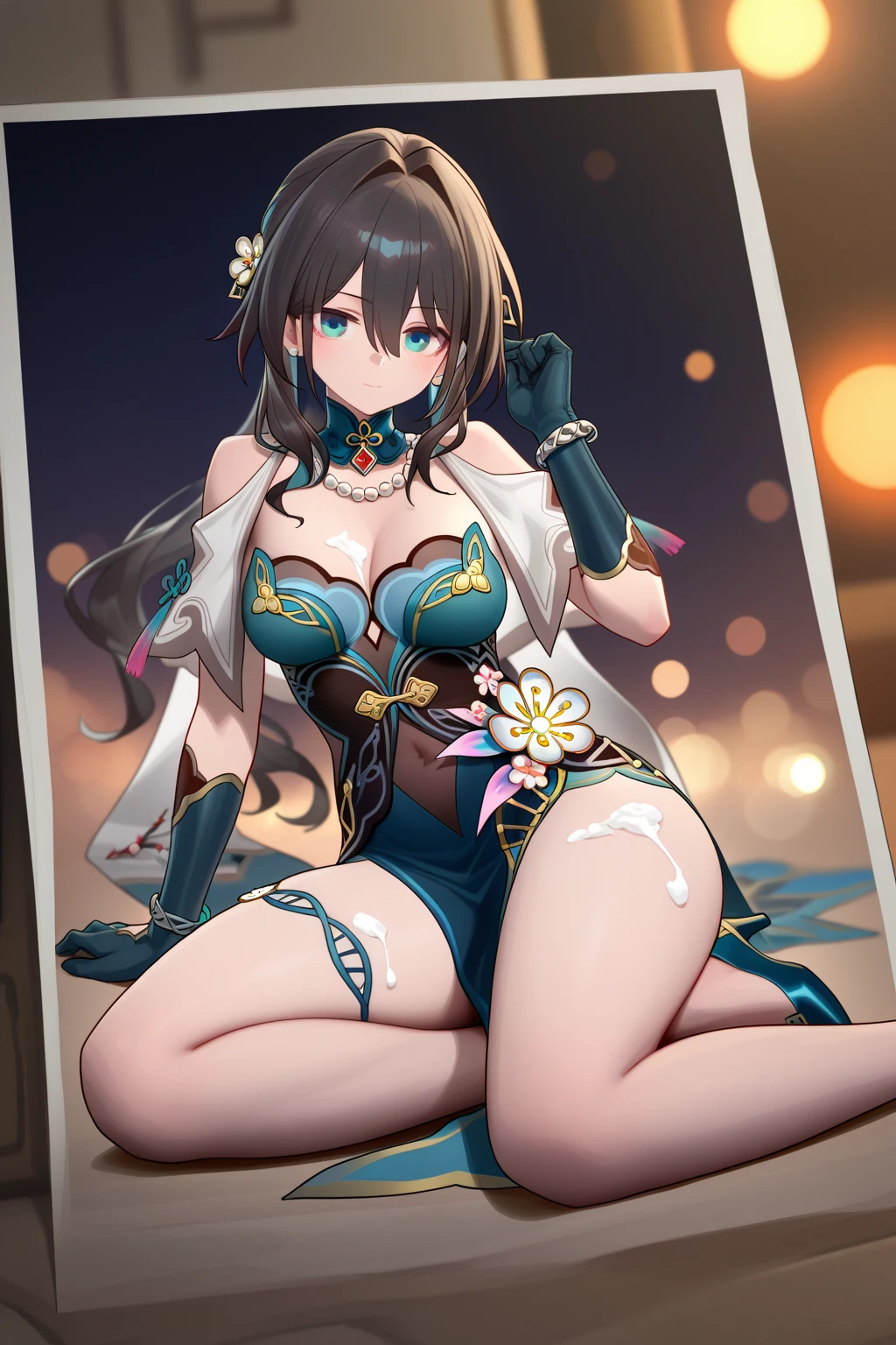 Luan Mae、Erotic、China dress、deep slit、too much exposure、D cup、slender、Hands on the crotch、facing forward、squatting with legs wide open、costume with a wide open chest、drenched in sweat、gloves、Erotic顔、No sleeve、Loosened face、steam、Navel exposed、Exposed armpits