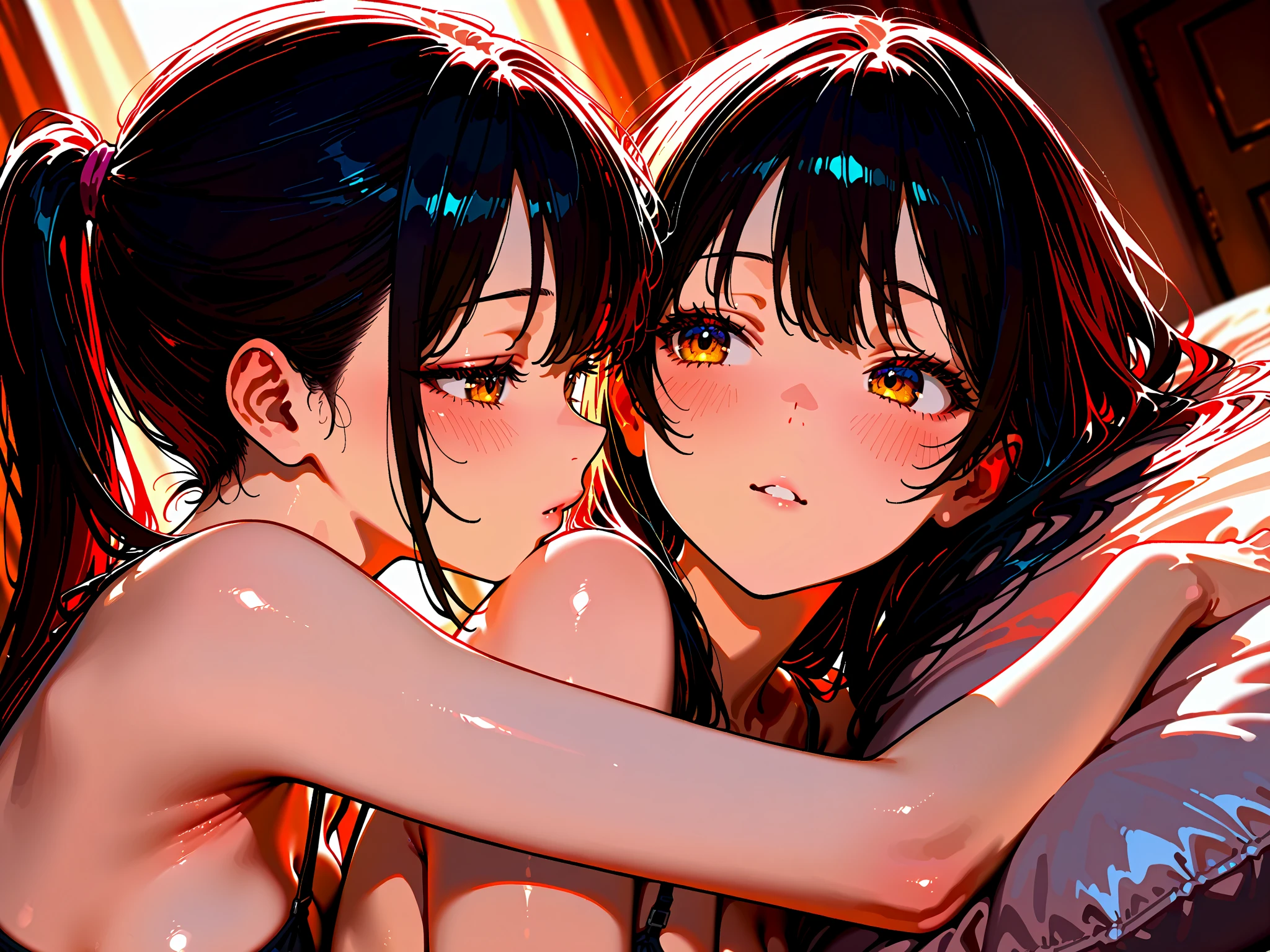 Two young and beautiful Japanese female mixed martial artists。Masturbating in the Octagon。Feeling intense sexual arousal。Extremely sweaty。My whole body is covered in love juice。Black Hair。Erect nipples。