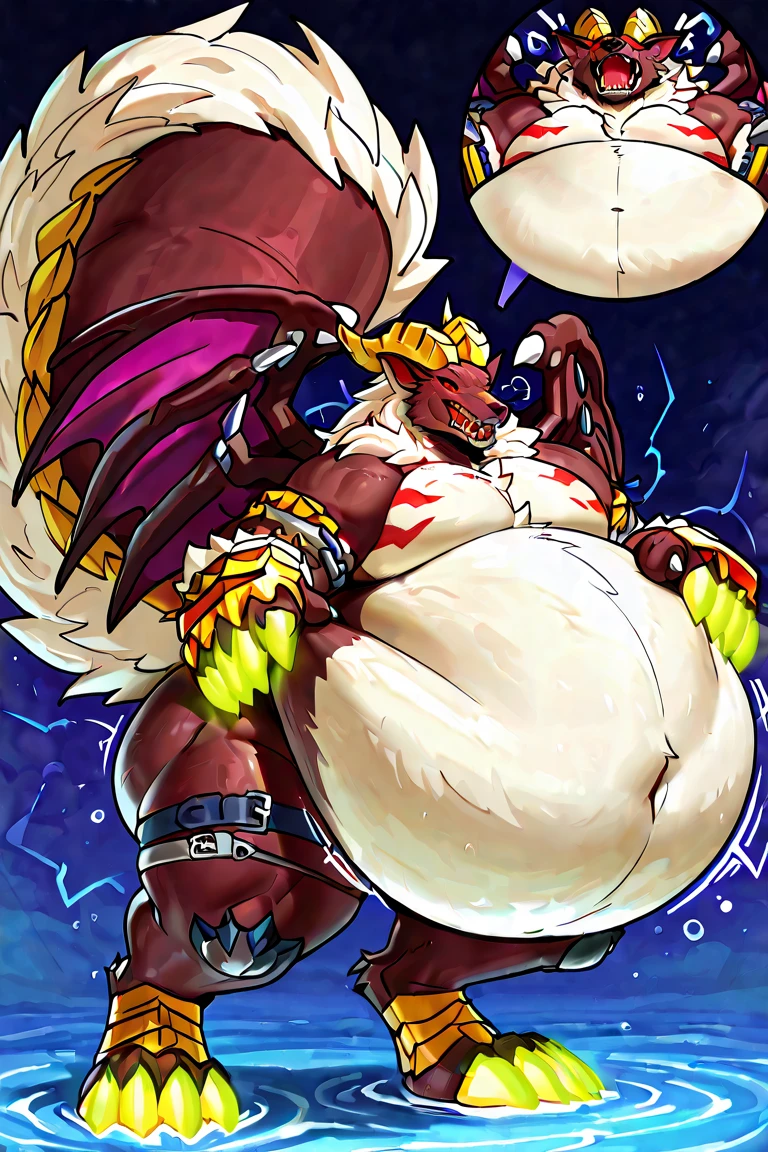Obese, Koraidon , solo, one arm on hip, one arm behind head, warm smile