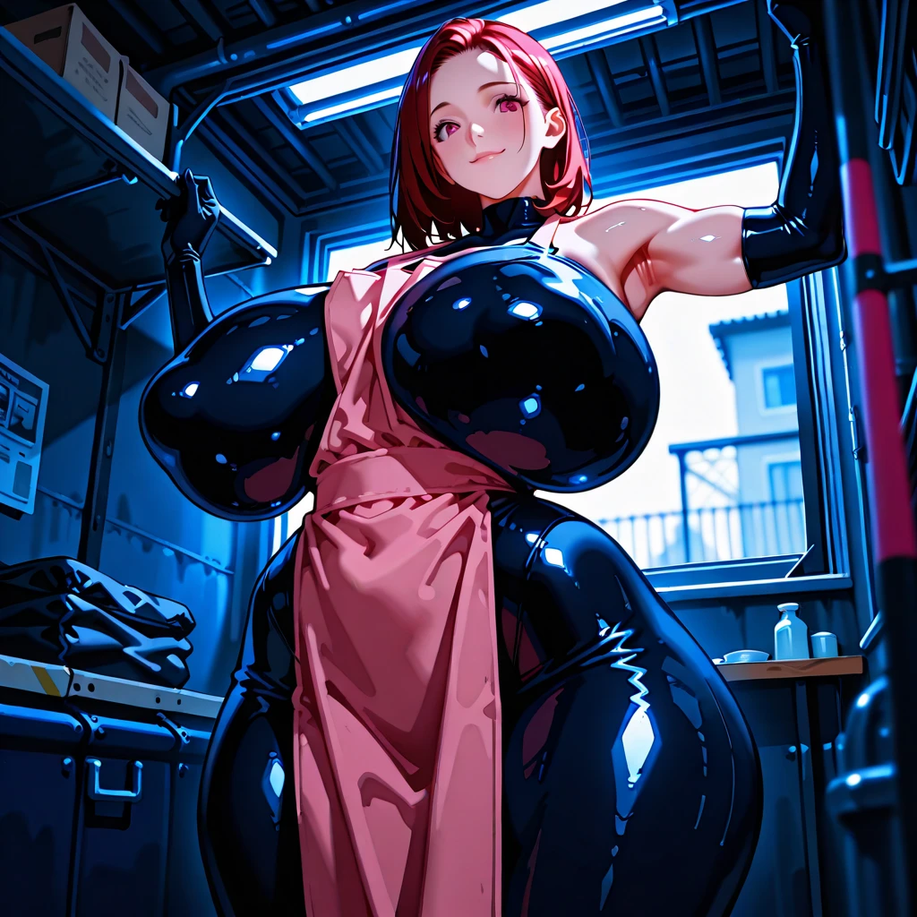 masterpiece, best quality, highres, speach bubbles,nishikino maki,purple eyes,red hair, long hair, ponytail, in bar, standing, arms behind back,looking at viewer, white rope, sexy,(lips:0.6) bodysuit, green leotard, exposed breasts, nude breasts, llchar, cowboy shot,(solo),bound, dildo throat gag, bdsm, bondage, tied up, love live, humiliation , leotard tug, bursting breasts, large breasts, huge breasts, massive tits, crotch knot, tied leg harness, heart shaped hips, bubble butt, 