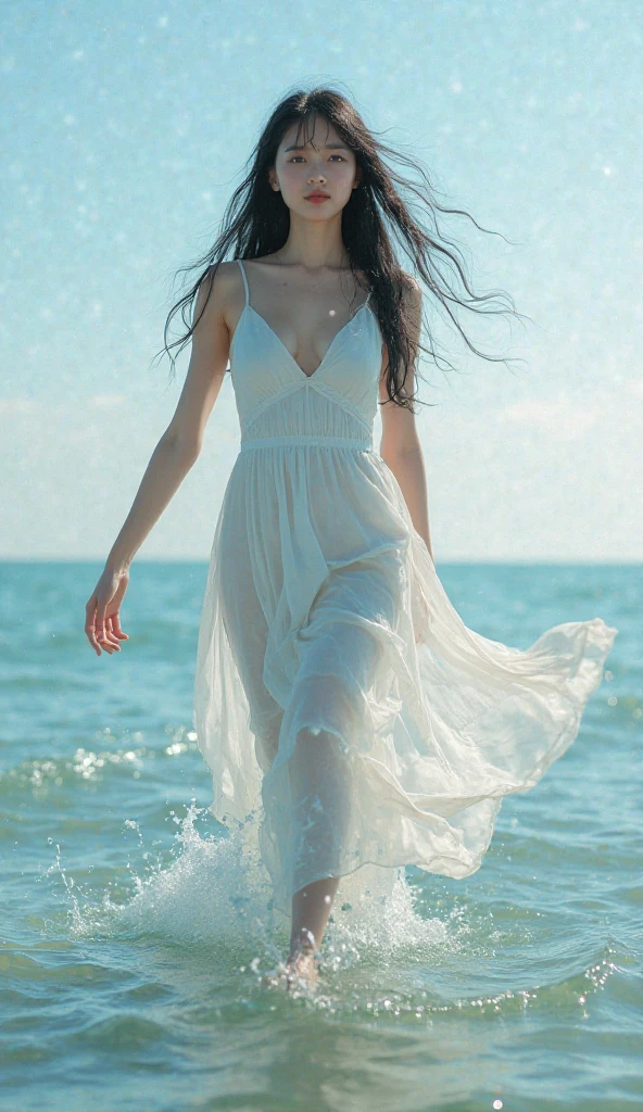 ((masterpiece)), best quality, realistic wallpaper 8 k, 1girl in a dress walking on water with splash, ripples, expressing joy, full shot, outdoors, cloudy sky, blue sky, reflection, mirror, lens flare