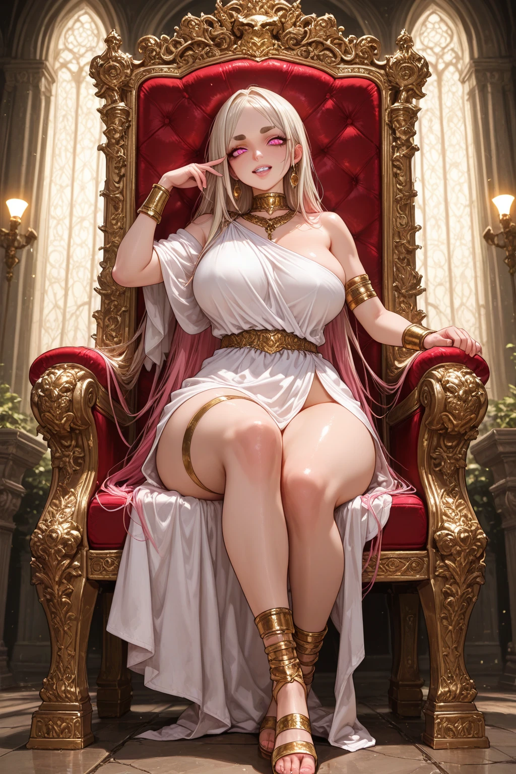 (Best image quality、Highest quality、Highest Resolution、、Full body photo、masterpiece、16k、)(She sits on a chair, spreads her legs to expose her crotch, and seduces)(Throne)(Super Beauty)(Huge breasts)(inside the golden palace)(Golden long skirt dress)(Young Queen)(Cover your crotch with your right hand)(The left hand holds the index finger up and touches the mouth.) (Golden High Heels)(Shiny brown skin)(Perfect lighting)(With maids following behind)