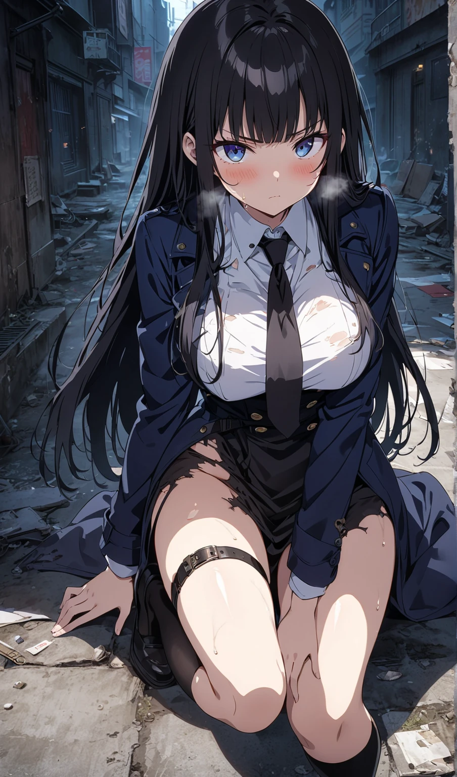 (((masterpiece, highest quality:1.3))),cowboy shot,20 year old beauty,solo,((very small head)),long body,dark blue hair,long hair,black eyes,bangs,medium breasts,,slender body,skinny,shiny skin,oily skin,sweat:1.3,shy,Naked with a white bath towel、Simple bed、Ruins&#39; simple bedroom、ruins、Ruined Tokyo、End of the World、Aliens and humans at war、nsfw,